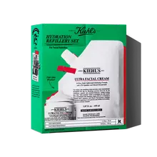 Kiehl's "Hydration Refillery Set" featuring Ultra Facial Cream in a jar and a refill pouch for sustainable face hydration.