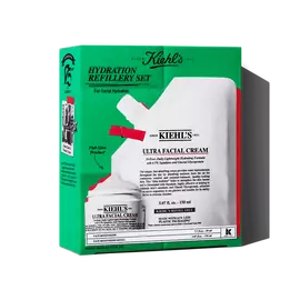 Kiehl's "Hydration Refillery Set" featuring Ultra Facial Cream in a jar and a refill pouch for sustainable face hydration.