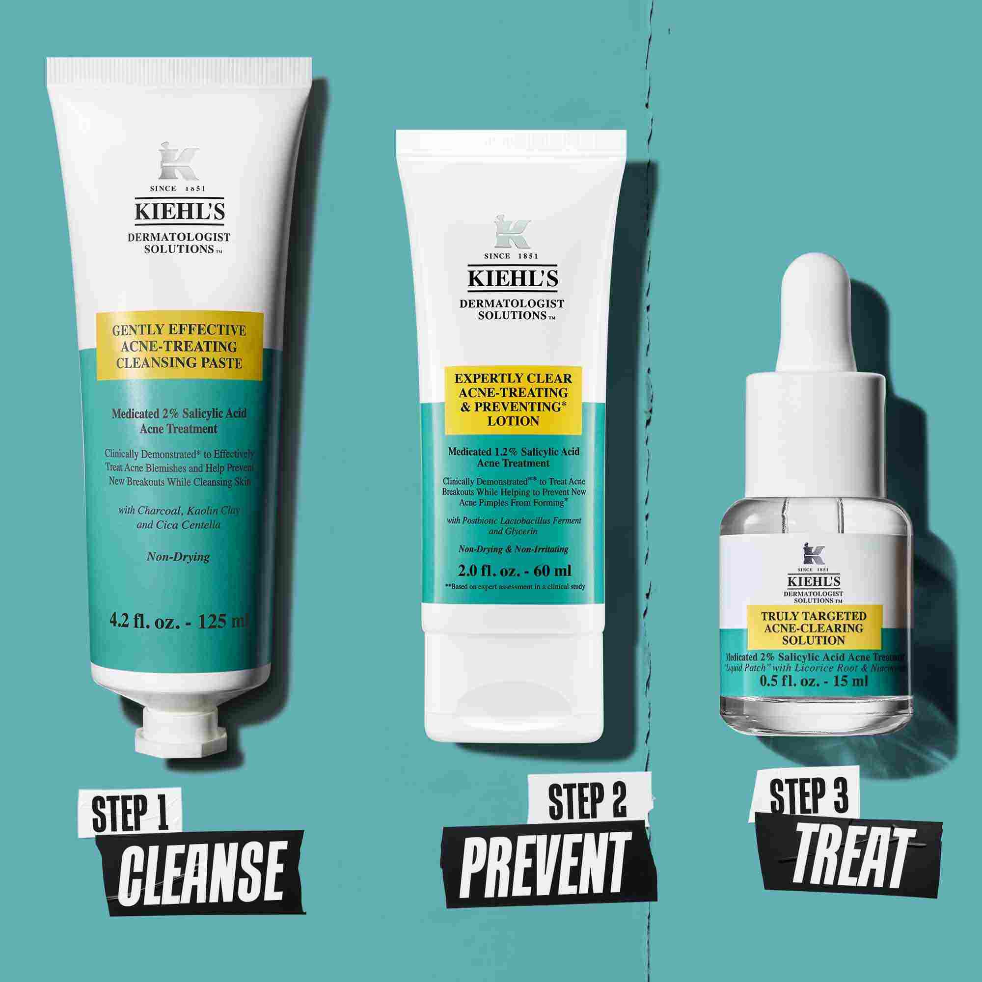 Una rutina de tres pasos para eliminar imperfecciones con productos de Kiehl's. Paso 1: Pasta limpiadora para tratar imperfecciones. Paso 2: Locion para tratar y prevenir imperfecciones. Paso 3: Truly-Targeted Blemish-Clearing Solution.