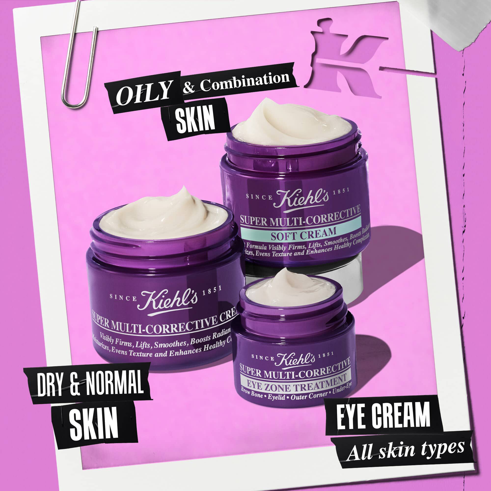 3 tarros abiertos de la familia de productos Super Multi-Corrective: Cream, Soft Cream y Eye Zone Treatment