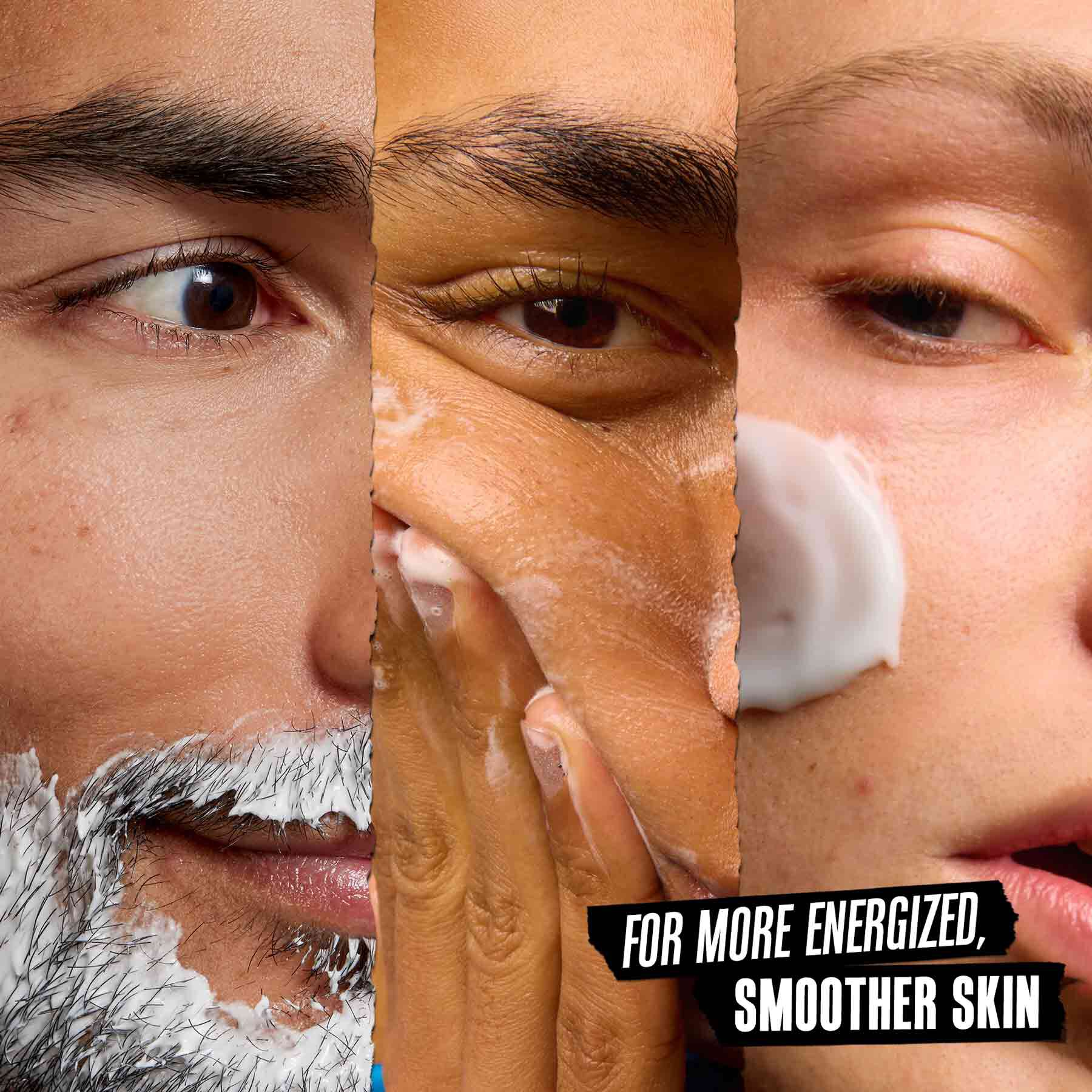 Models with Shave It Off & Take Off formulas applied to their faces: For More Energized, Smoother Skin 