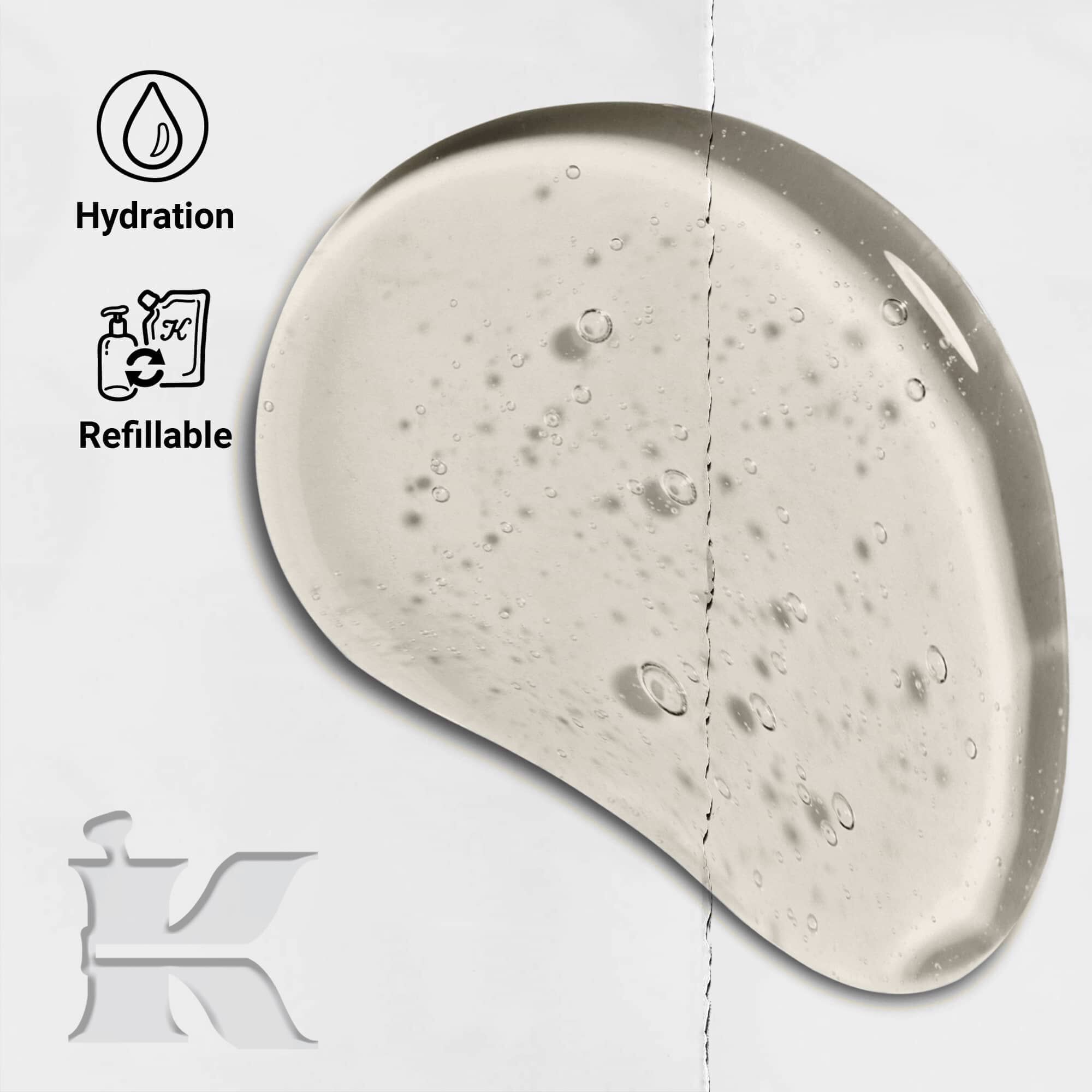 Foto de la textura de Amino Acid Shampoo con iconos que indican que es recargable y ofrece hidratacion