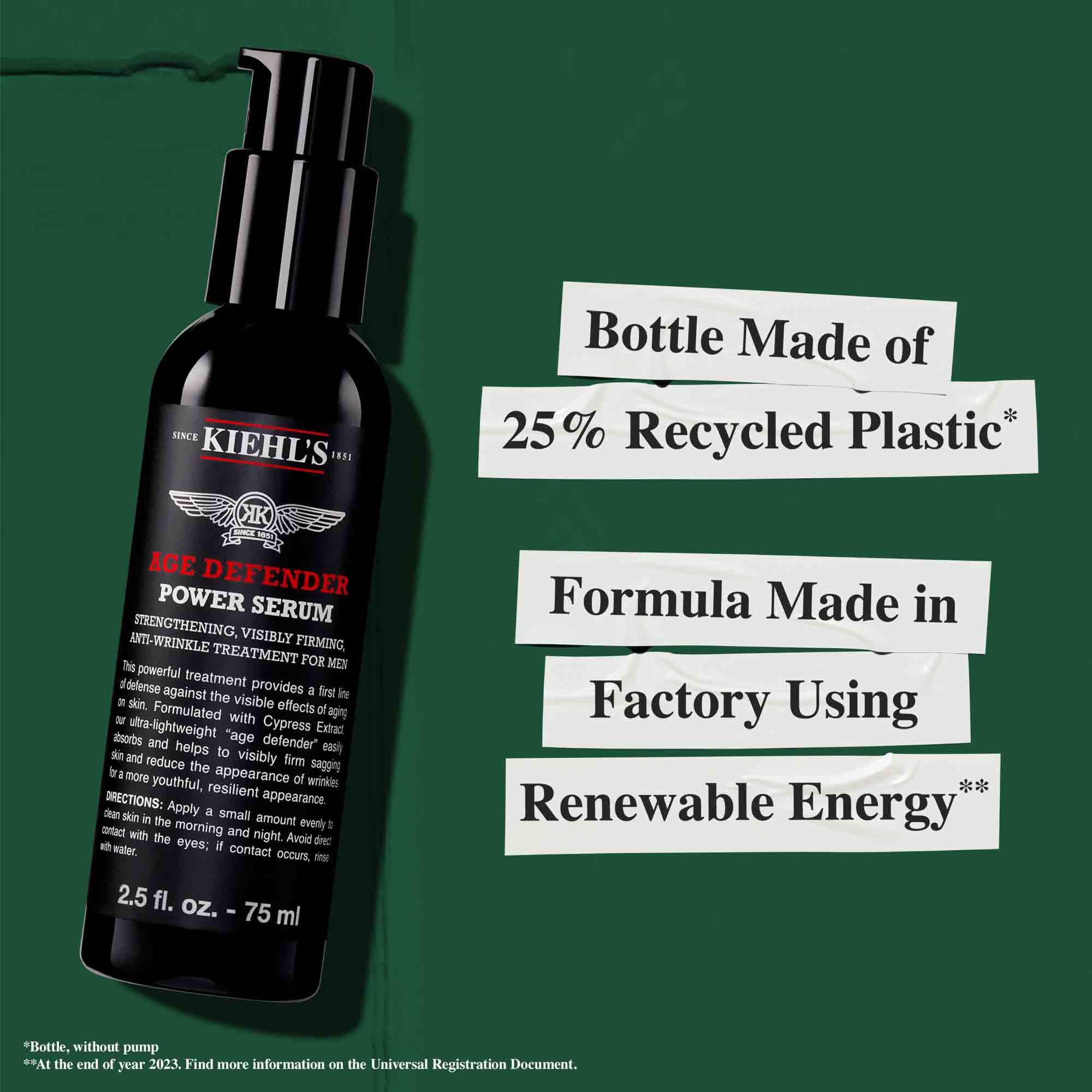 Frasco de Age Defender Power Serum fabricado con un 25 % de plastico reciclado; formula fabricada en una fabrica que utiliza energia renovable.