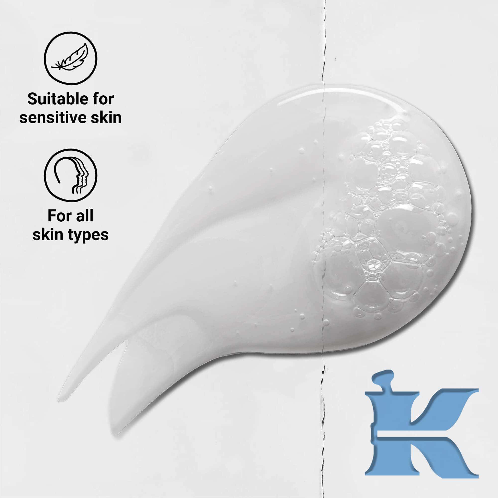 Foto de la textura de Kiehl's Ultra Facial Cleanser con iconos: para todo tipo de pieles y pieles sensibles