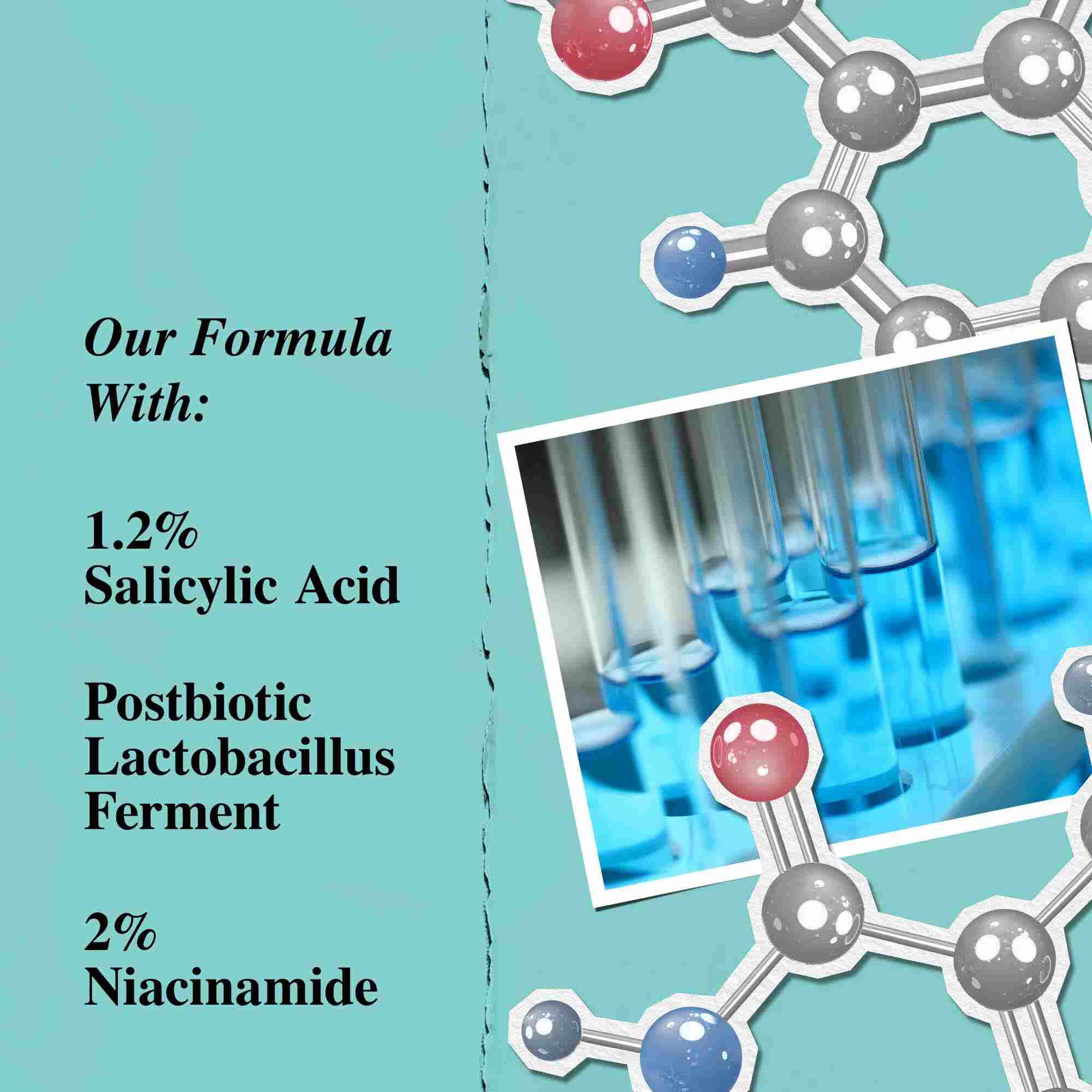 Un grafico que destaca los ingredientes clave de Expertly Clear Blemish-Treating & Preventing Lotion, incluidos el acido salicilico, el fermento postbiotico de lactobacillus y la niacinamida.