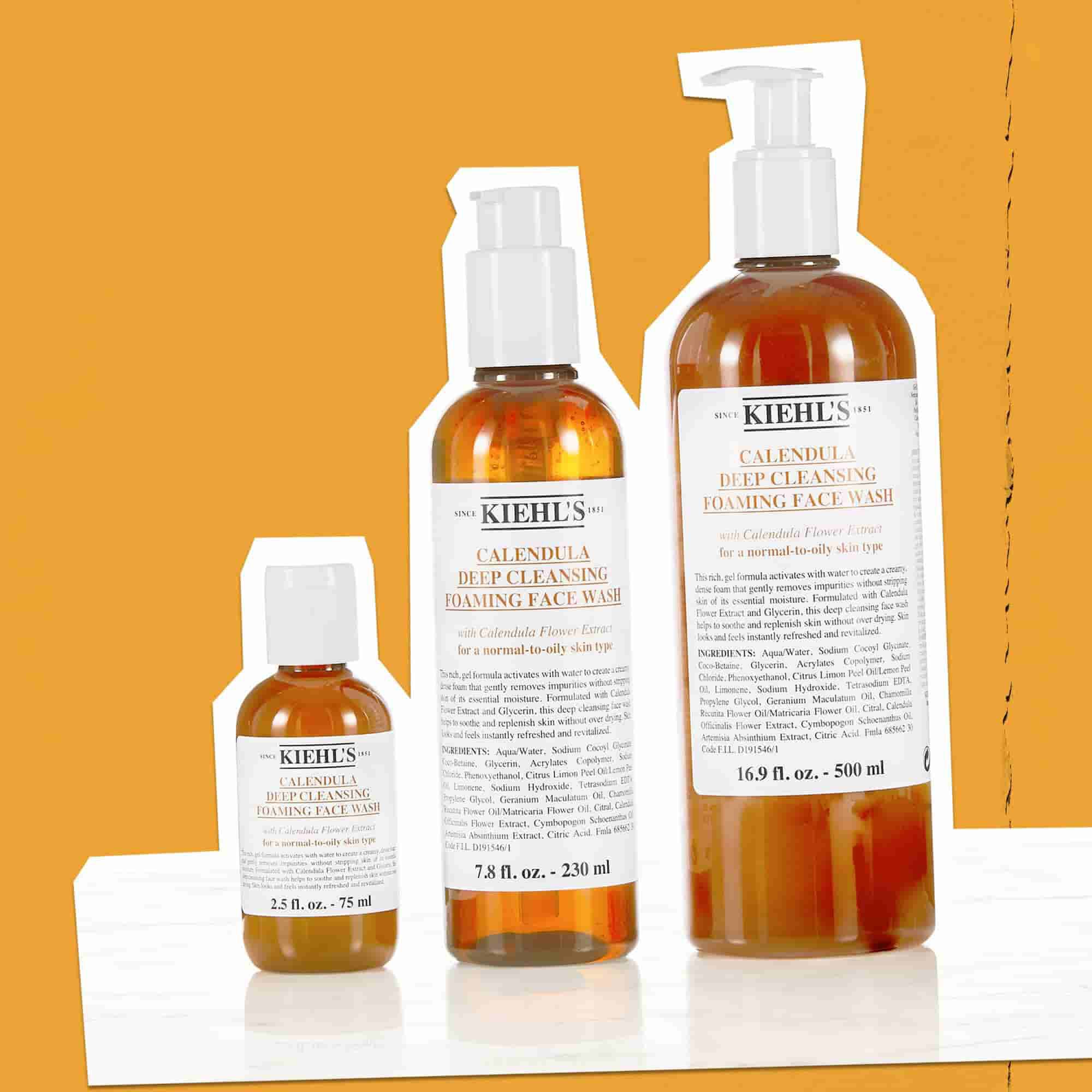 Tres frascos de Calendula Foaming Face Wash en tamanos de 75 ml a 500 ml
