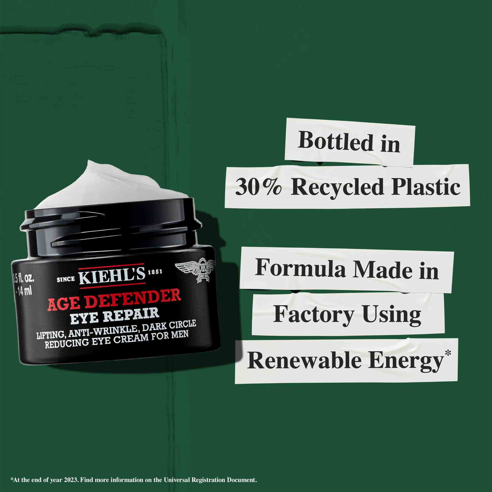 Tarro de Age Defender Eye Repair fabricado con un 30 % de plastico reciclado; formula fabricada en una fabrica que utiliza energia renovable.