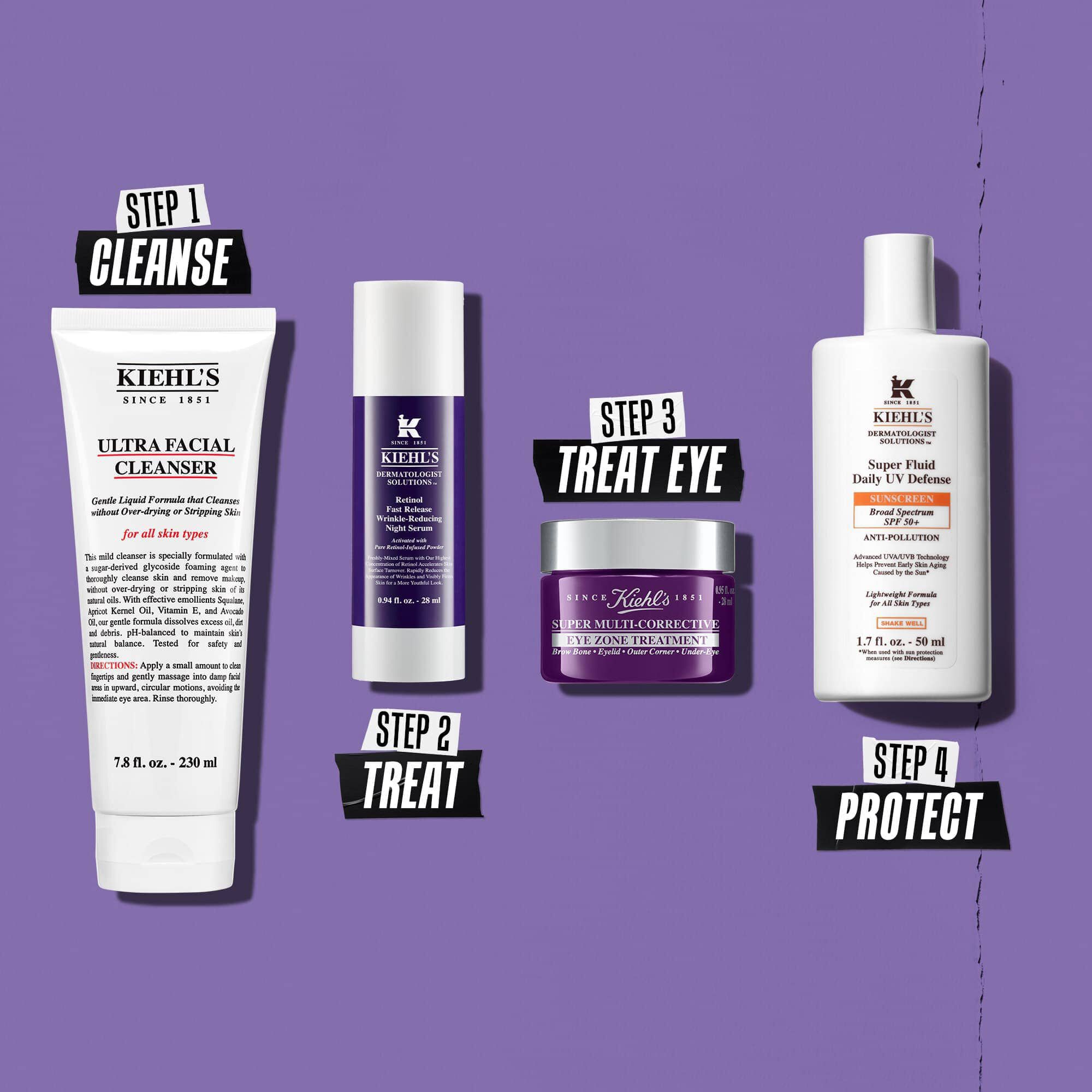 Rutina con el serum de noche reductor de arrugas Retinol Fast Release: limpiar, tratar, tratar el contorno de ojos, proteger