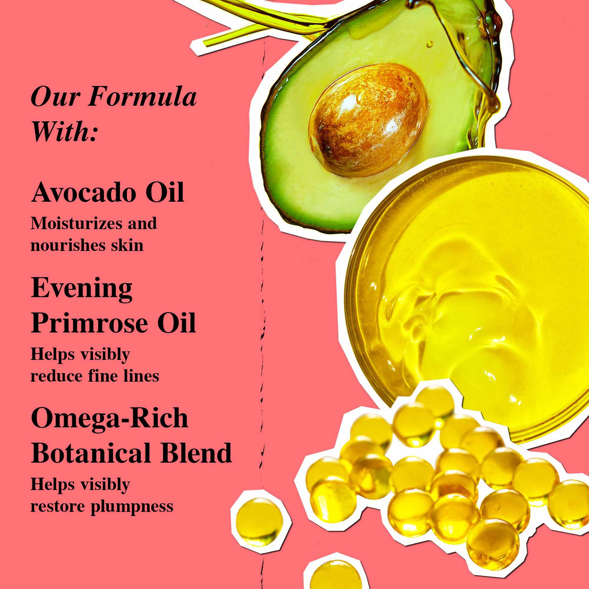 Gift set formula key ingredients: Avocado Oil, Evening Primrose Oil, Omega-Rich Botanical Blend 