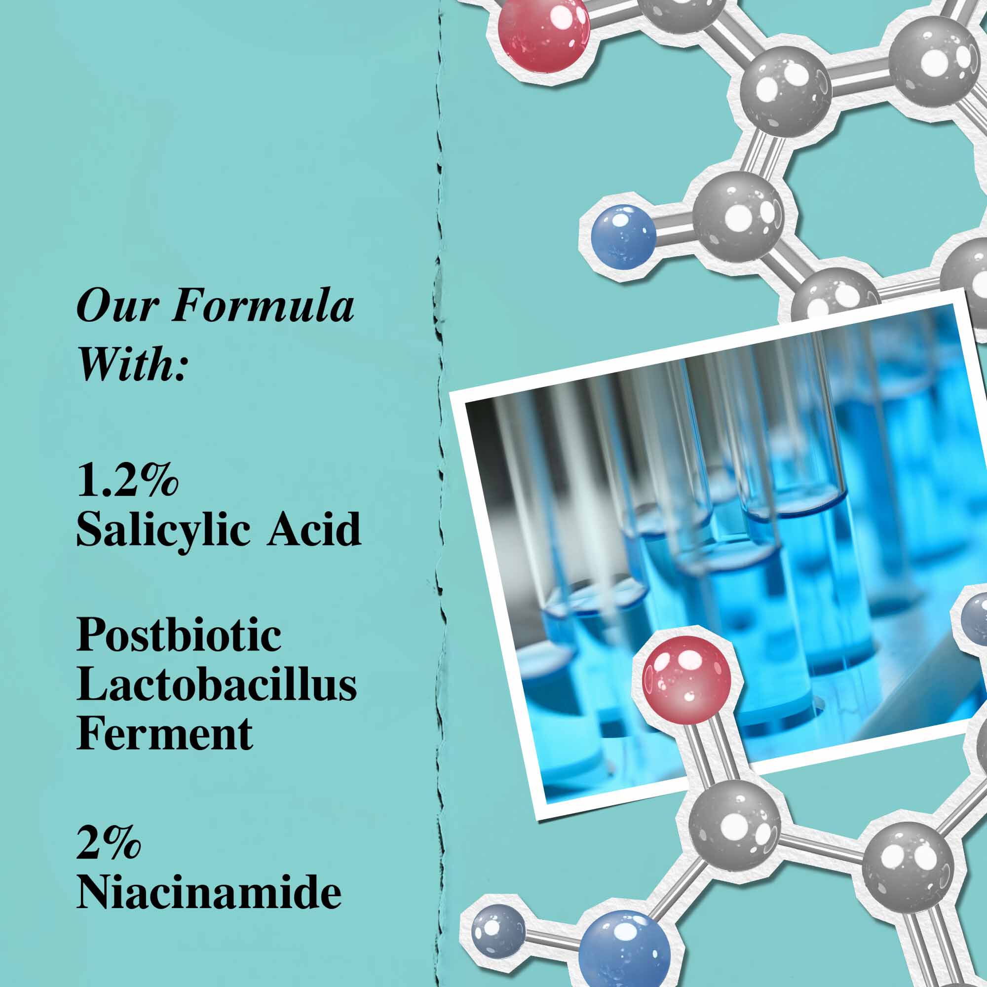 Un grafico que destaca los ingredientes clave de Expertly Clear Blemish-Treating & Preventing Lotion, incluidos el acido salicilico, el fermento postbiotico de lactobacillus y la niacinamida.