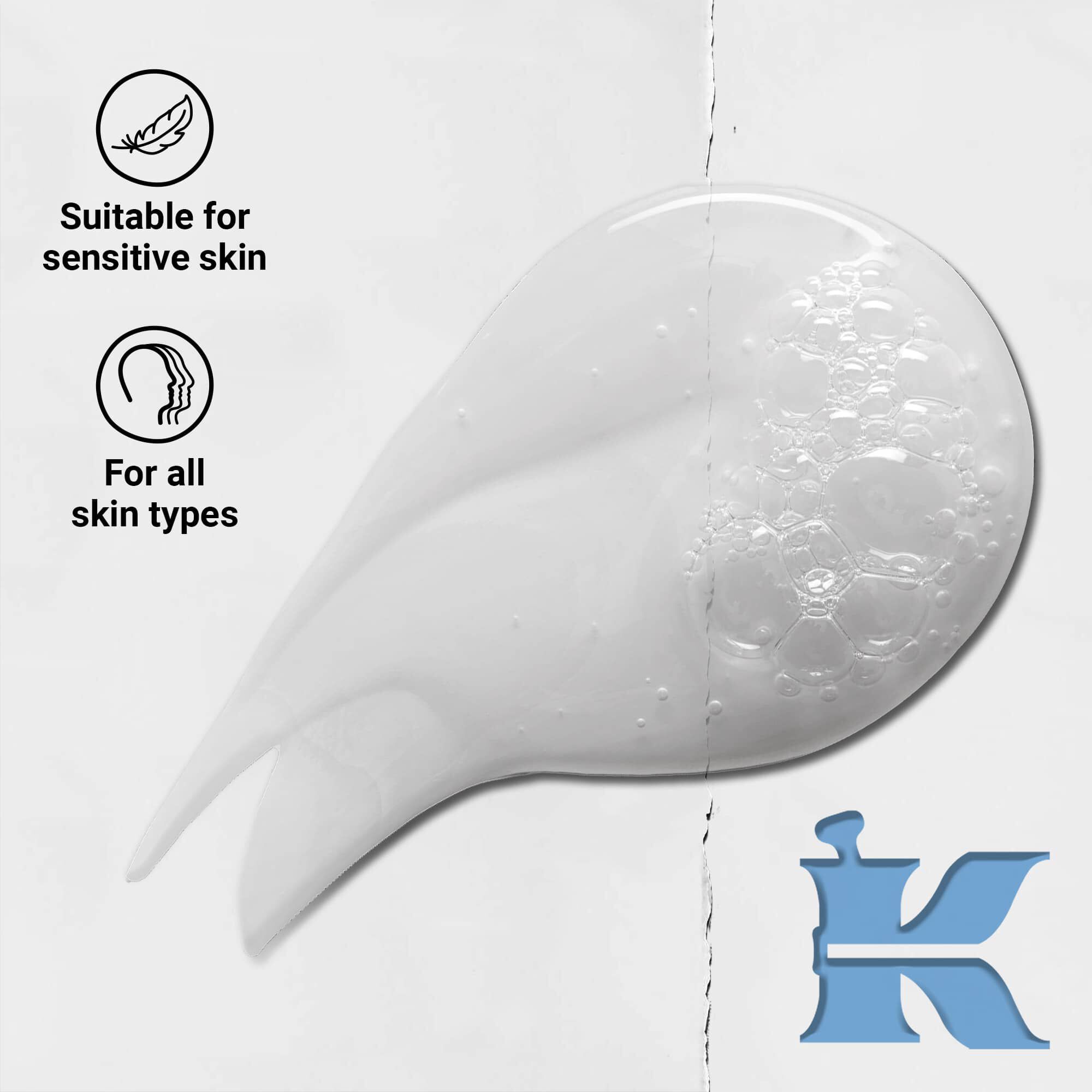 Foto de la textura de Kiehl's Ultra Facial Cleanser con iconos: para todo tipo de pieles y pieles sensibles