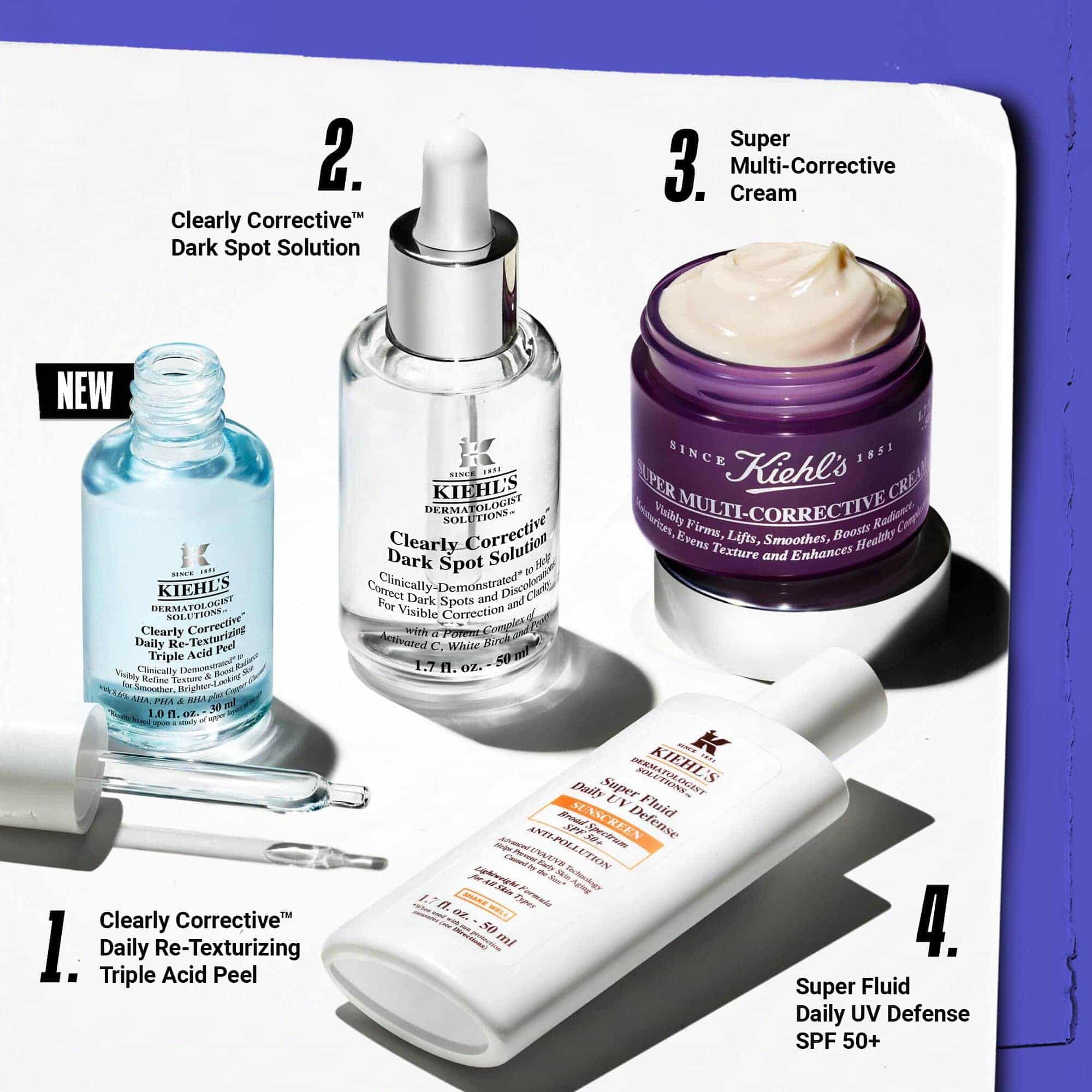 Rutina de cuidado de la piel de cuatro pasos con Clearly Corrective Dark Spot Solution.