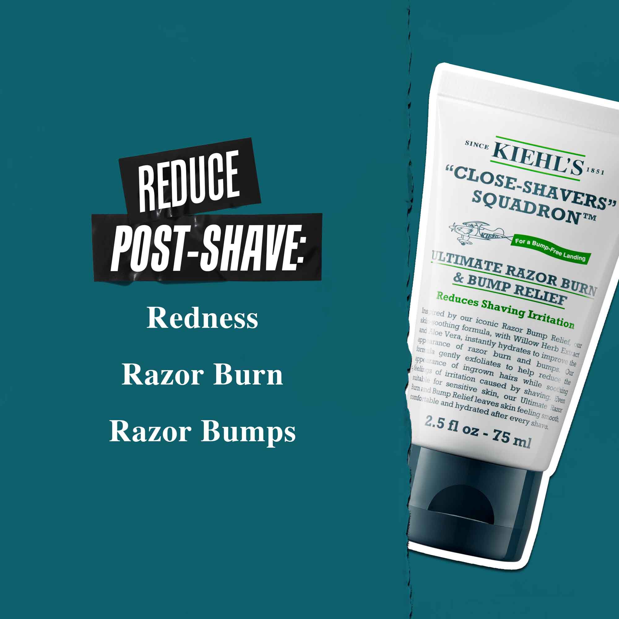 Tubo de Close Shavers Squadron Smooth Glider Precision Shave Lotion sobre fondo verde azulado. El texto dice: "Reduce el enrojecimiento post-afeitado, la irritacion y los granitos."