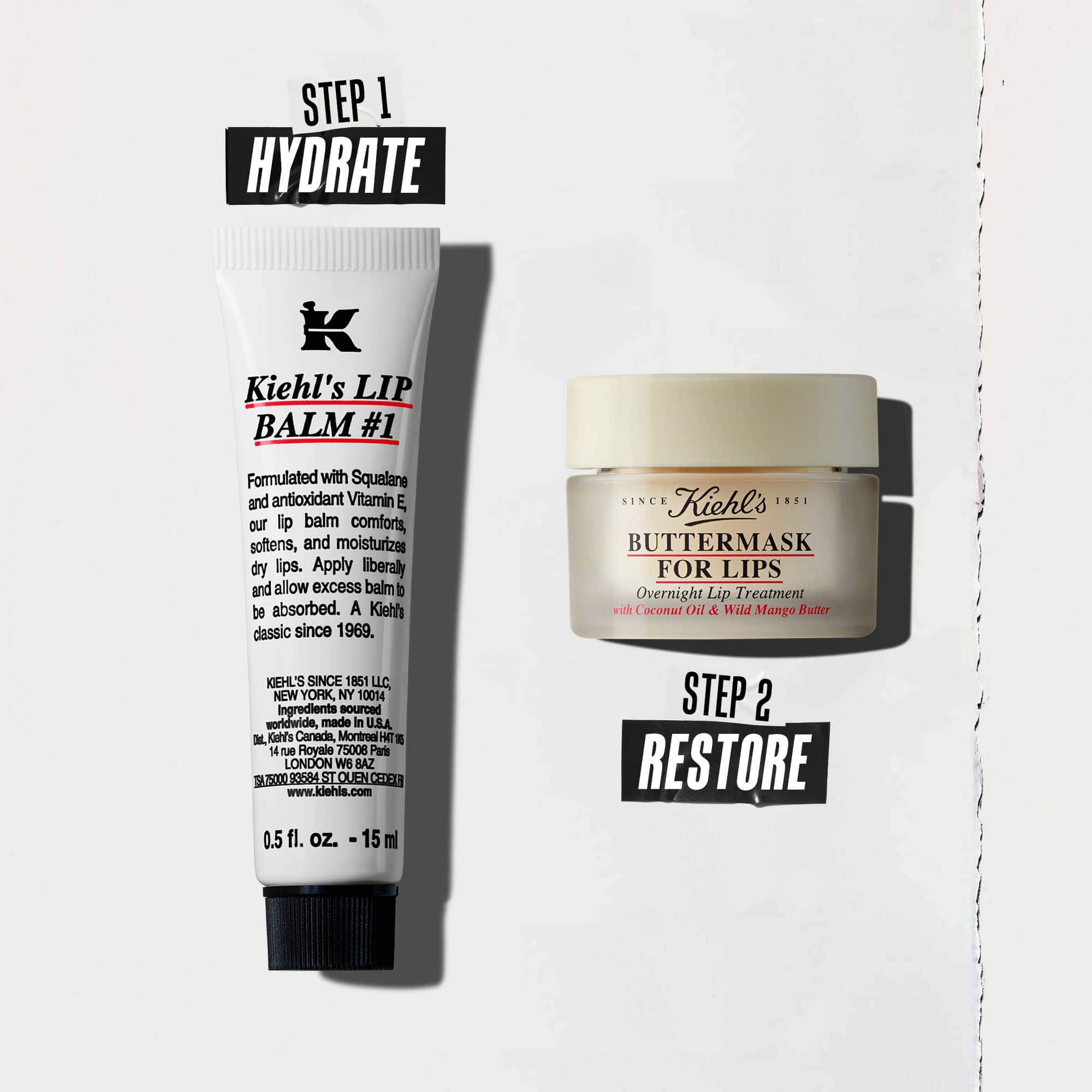 Una rutina de dos pasos con Lip Balm #1 para hidratar y Butter Mask para restaurar.