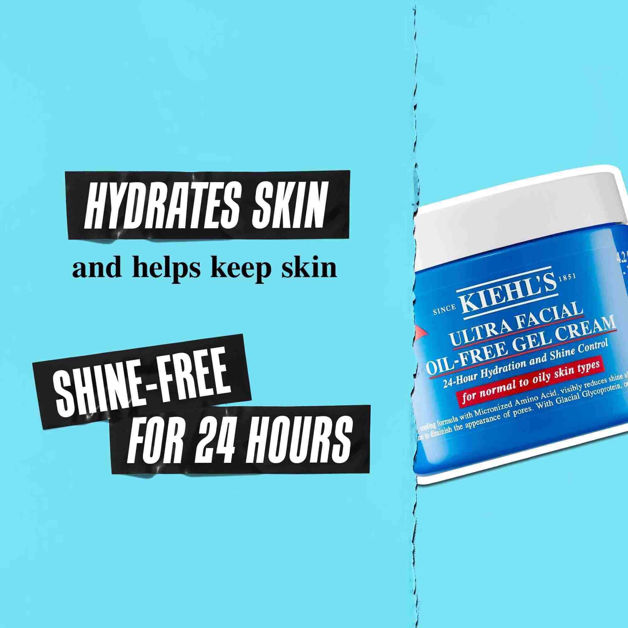 Un tarro de Ultra Facial Oil-Free Gel Cream sobre fondo azul con el texto: "Hidrata la piel y ayuda a mantenerla sin brillos durante 24 horas."