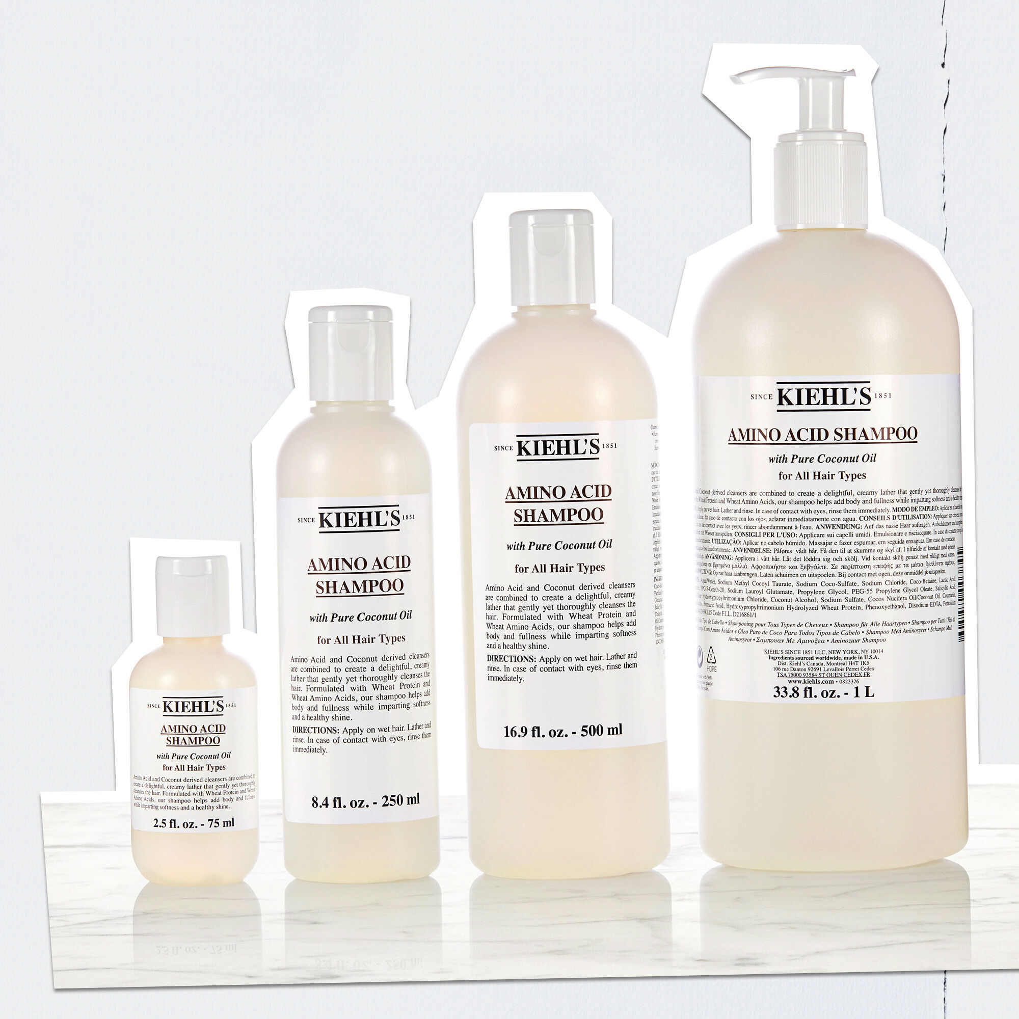 Gama de frascos de champu Amino Acid Shampoo de Kiehl's en diferentes tamanos