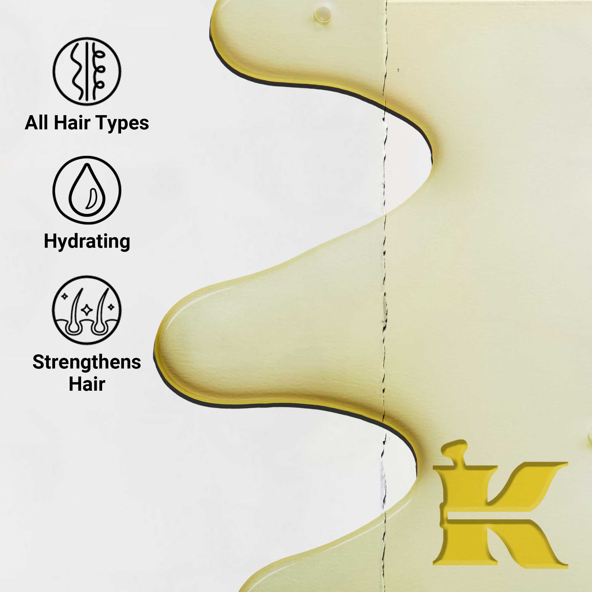 Primer plano de la textura de Magic Elixir Hair Oil. El texto destaca que es hidratante, ligero y disenado para mejorar la textura del cabello en todo tipo de cabellos.