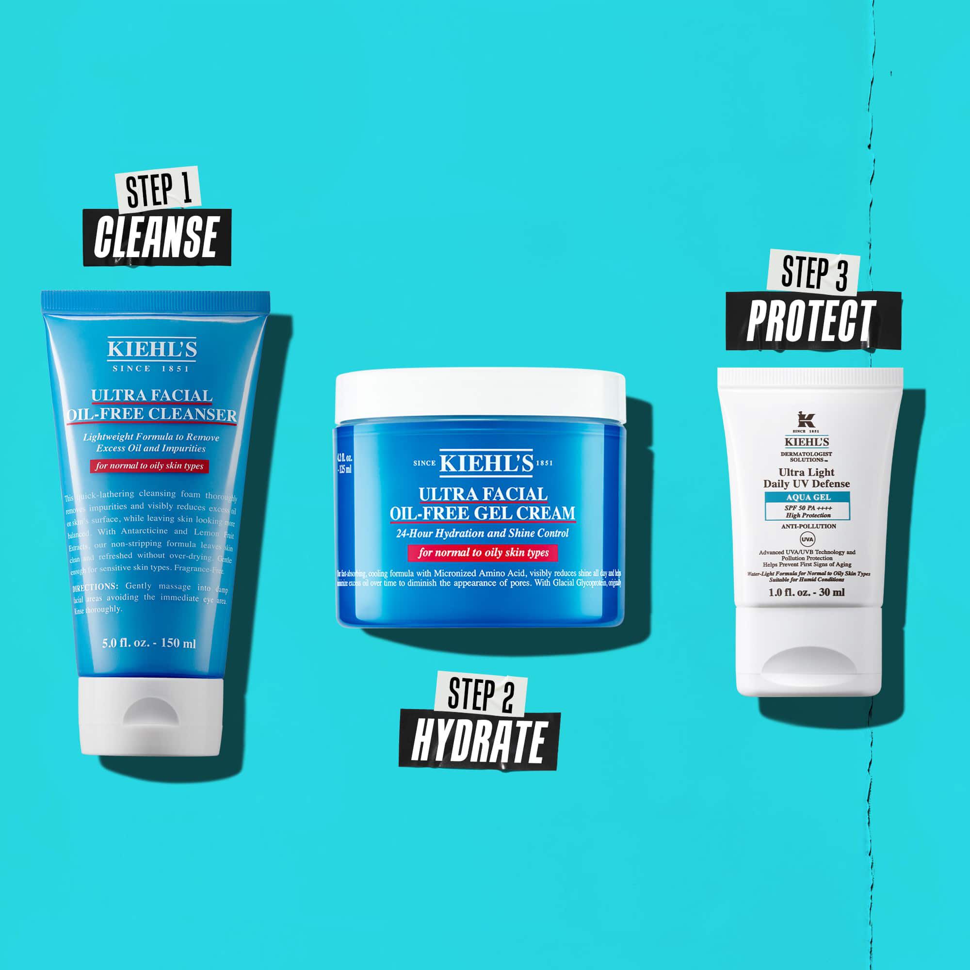Una rutina de tres pasos con productos de Kiehl's. Paso 1: Ultra Facial Oil-Free Cleanser. Paso 2: Ultra Facial Oil-Free Gel Cream. Paso 3: Ultra Light Daily UV Defense Aqua Gel.