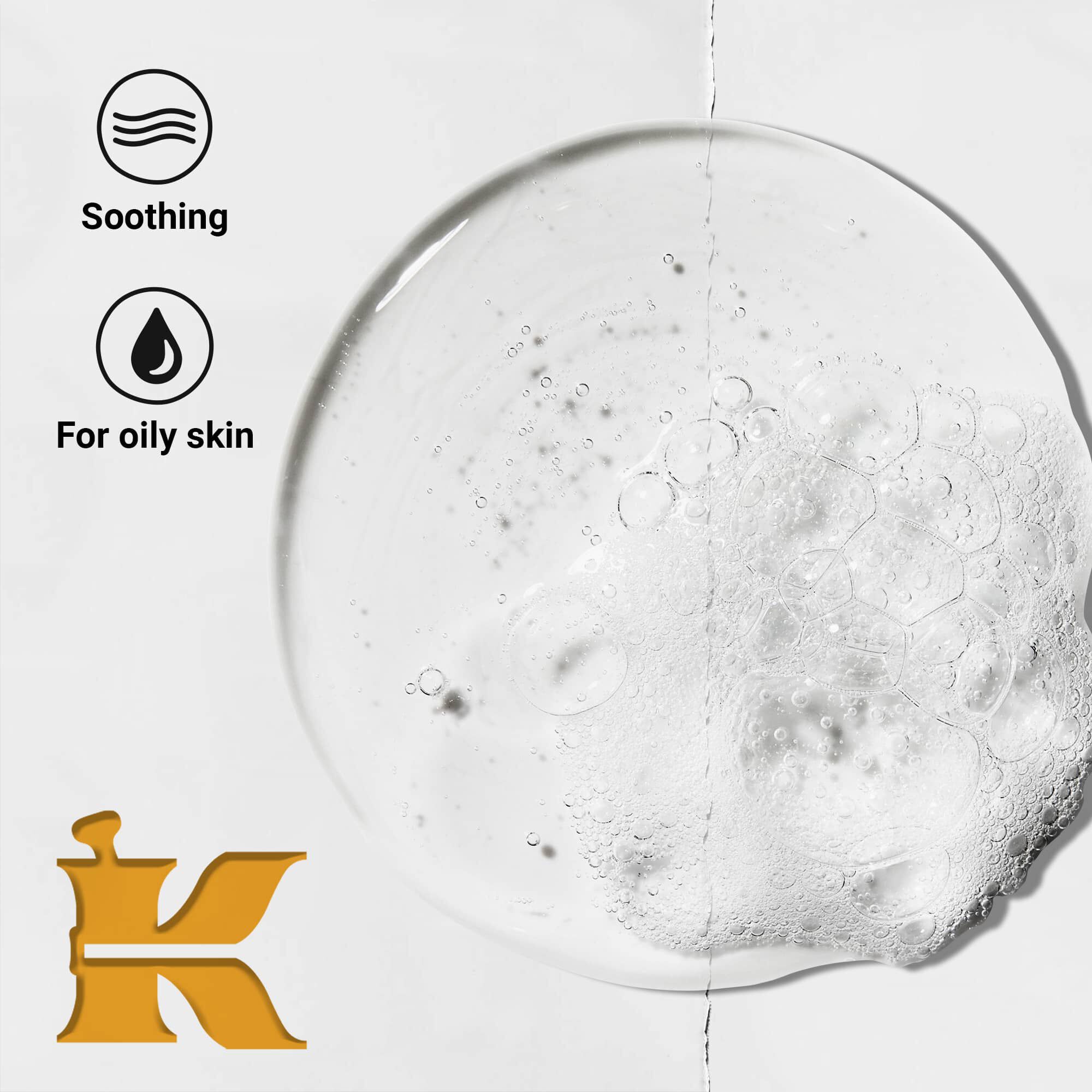 Foto de la textura del producto con iconos que indican que es calmante y esta formulado para pieles grasas