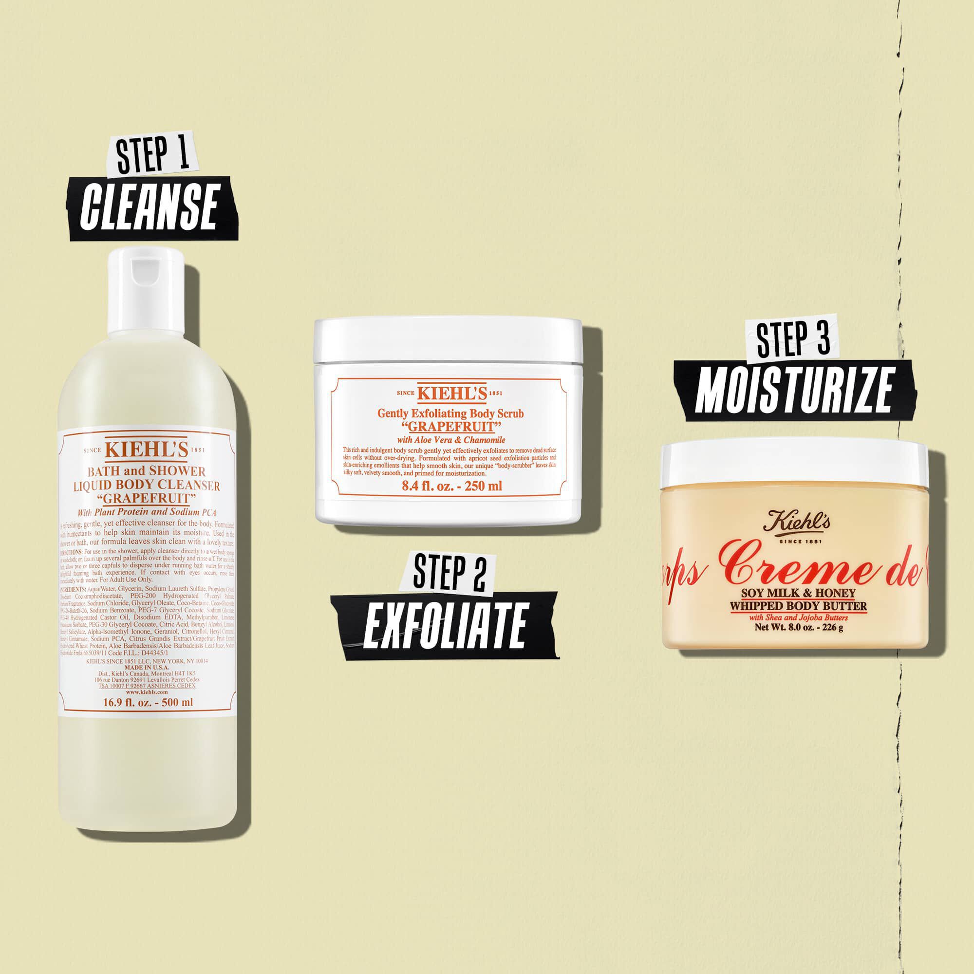 Ilustracion de la rutina de la manteca corporal Creme de Corps Whipped Butter: limpiar, exfoliar, hidratar