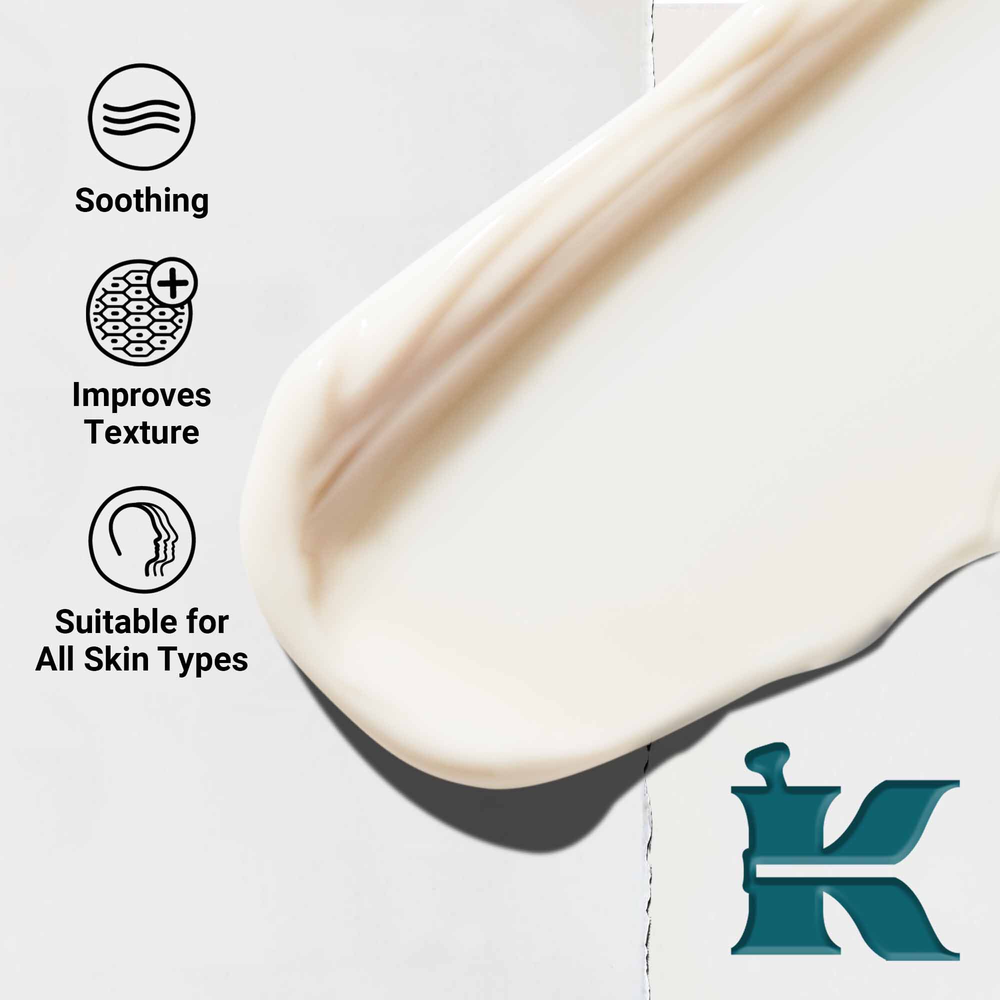 Primer plano de la textura de la locion de afeitado Kiehl's Close Shavers Squadron Smooth Glider Precision Shave Lotion. El texto destaca sus cualidades suavizantes y de mejora de la textura, apta para todo tipo de pieles.