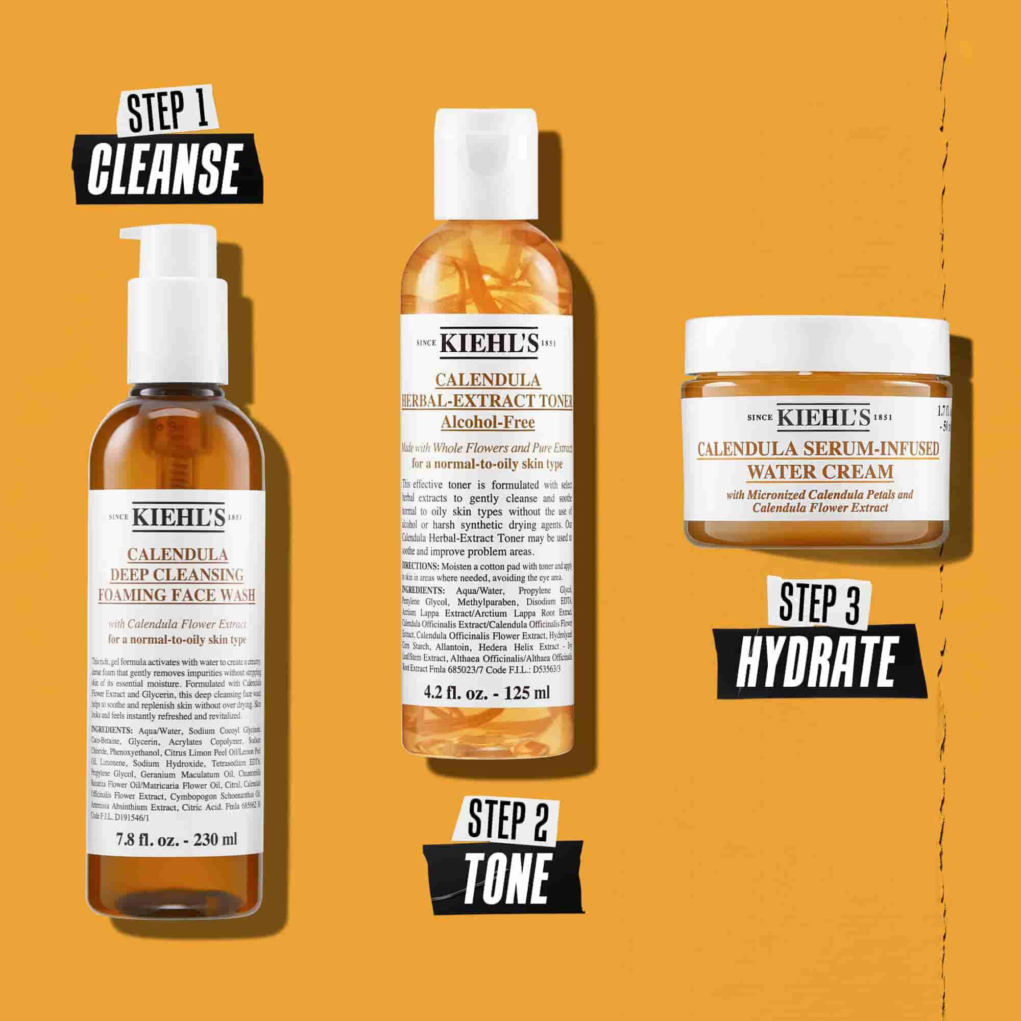 Ilustracion de la rutina de Kiehl's Calendula Foaming Face Wash: limpiar, tonificar, hidratar