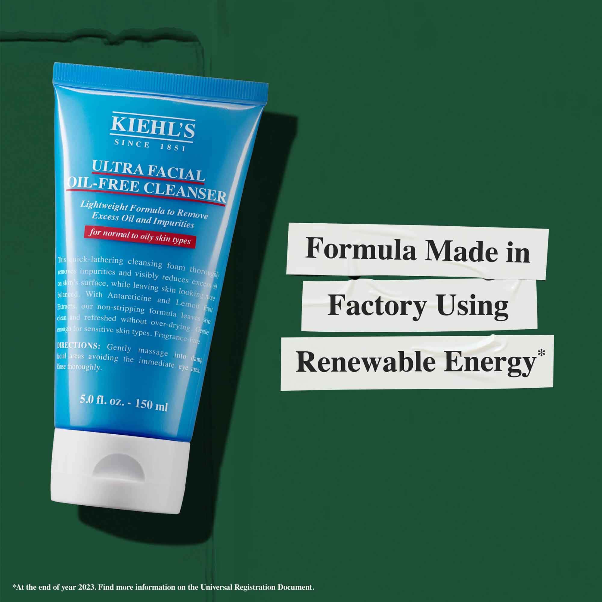 Un tubo de Ultra Facial Oil-Free Cleanser con el texto "Formula fabricada en una fabrica que utiliza energia renovable."