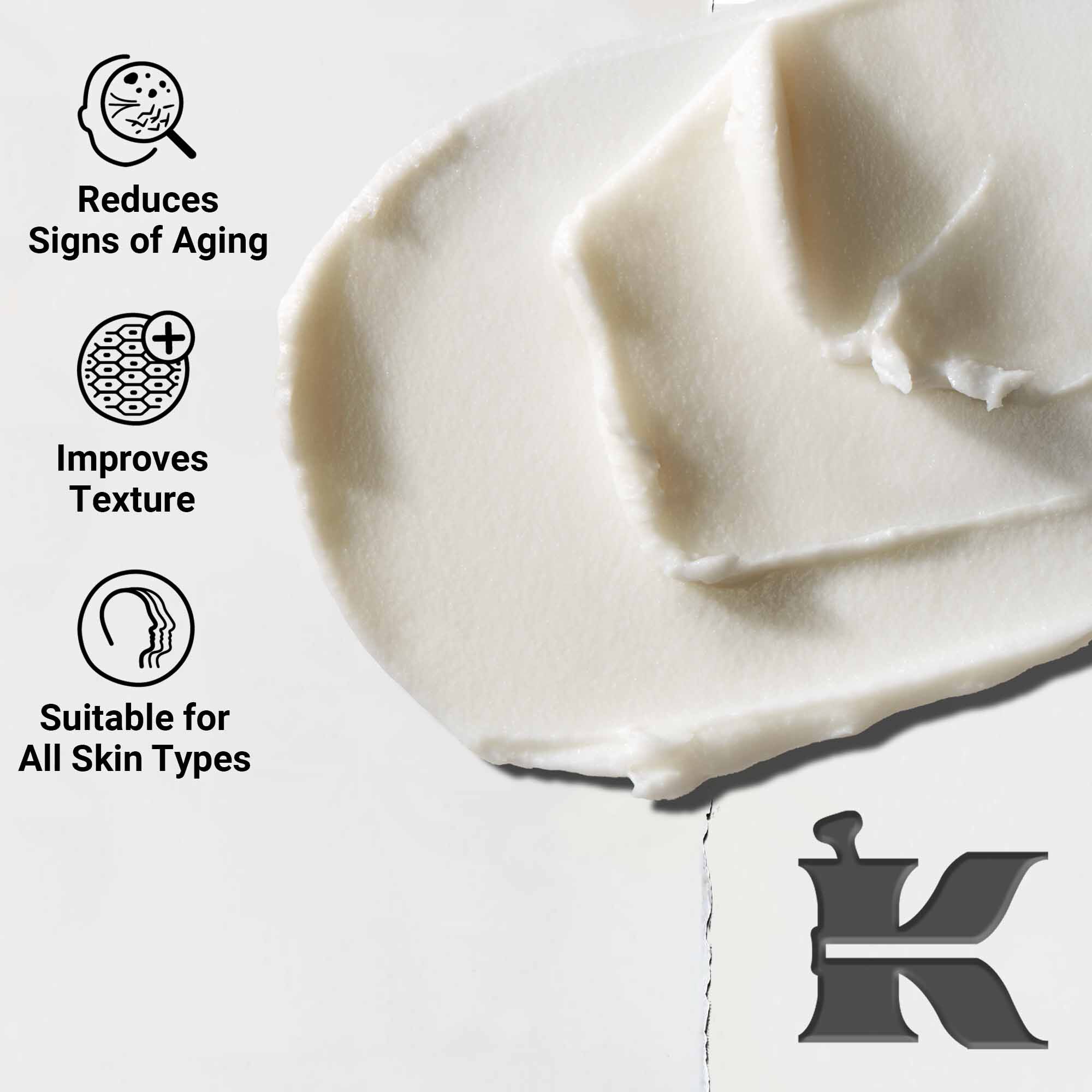 Primer plano de la textura de Age Defender Eye Repair; reduce los signos de la edad y mejora la textura, apto para todo tipo de pieles.