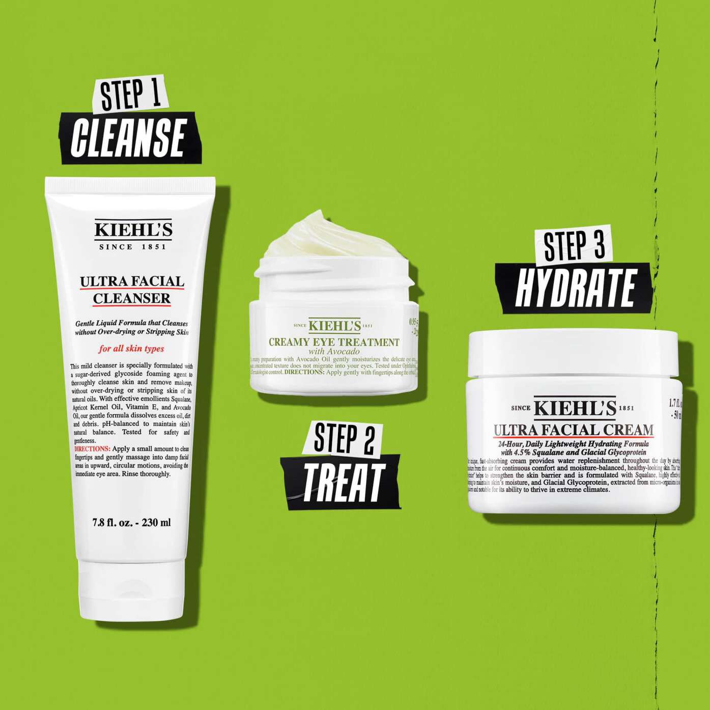 Rutina de Kiehl's Creamy Eye Treatment with Avocado: paso 1 limpiar, paso 2 tratar, paso 3 hidratar