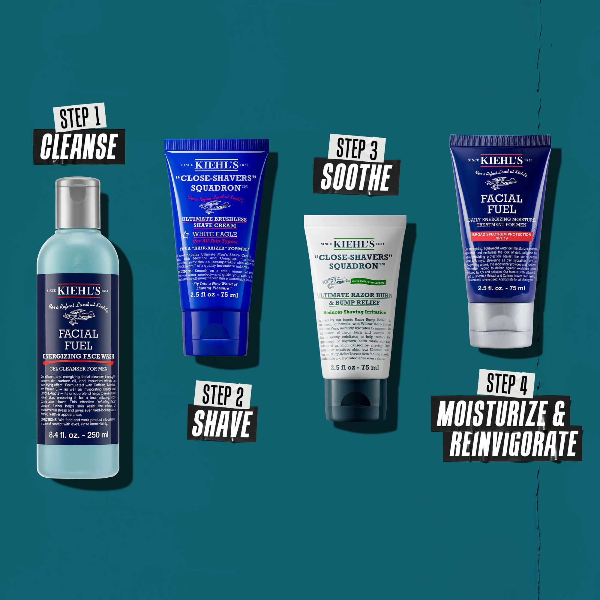 Cuatro productos de Kiehl’s para una rutina de cuidado de la piel masculina: Limpiar, Afeitar, Calmar e Hidratar/Revitalizar