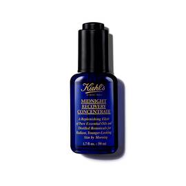 Una botella de 30 ml de aceite facial Kiehl's Midnight Recovery Concentrate sobre fondo blanco.