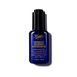 Una botella de 30 ml de aceite facial Kiehl's Midnight Recovery Concentrate sobre fondo blanco.