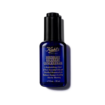 Una botella de 30 ml de aceite facial Kiehl's Midnight Recovery Concentrate sobre fondo blanco.