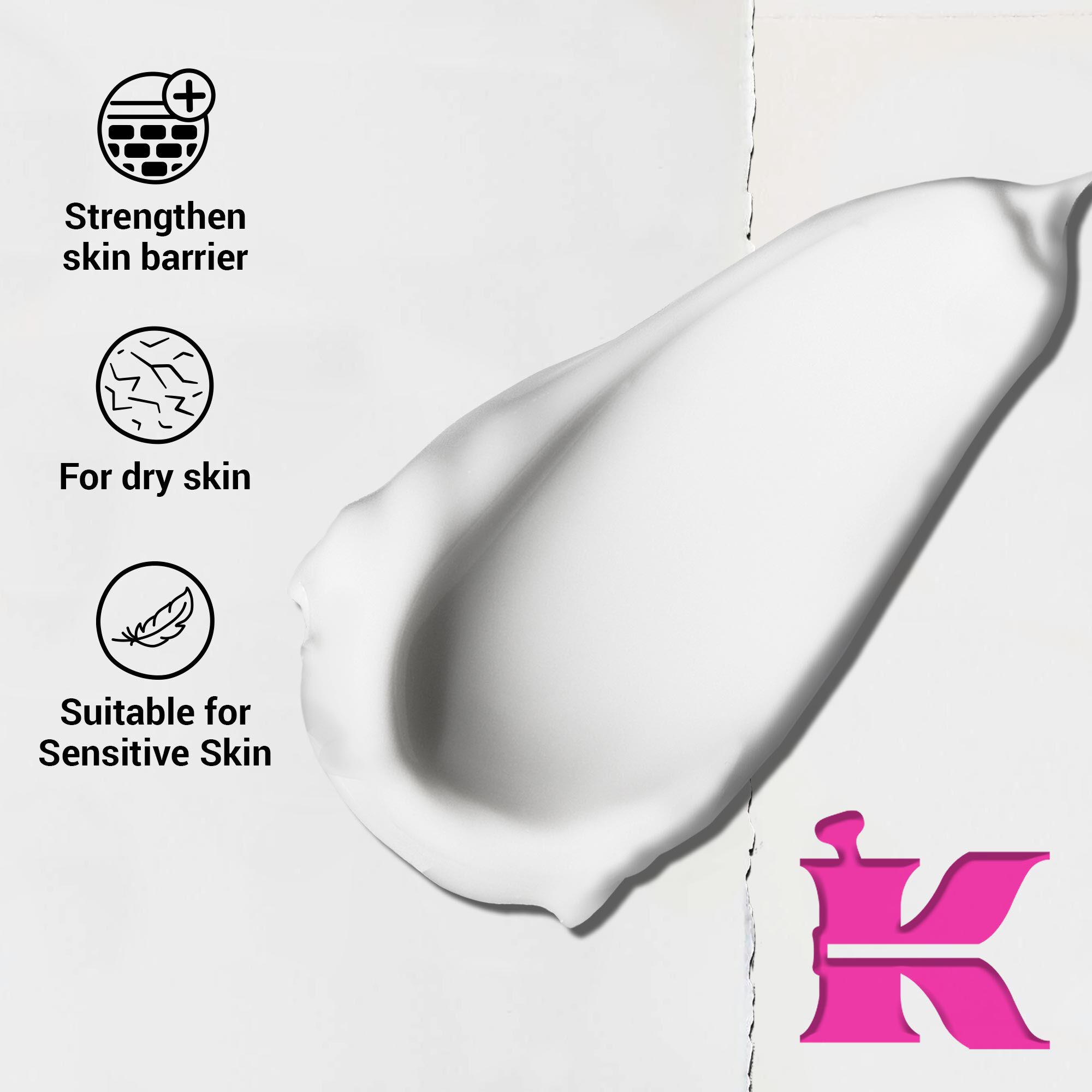 Ultra Facial Cream texture stating: Strengthen Skin Barrier, For Dry Skin, Suitable for Sensitive Skin 