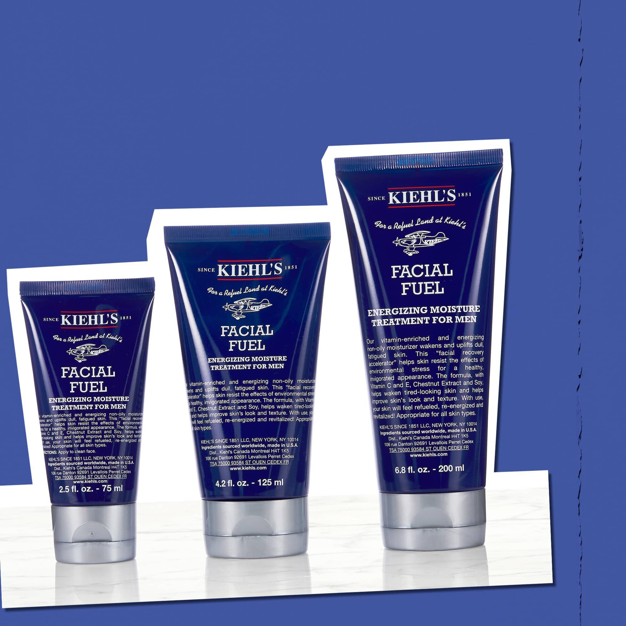 Tres frascos de Facial Fuel Energizing Moisture Treatment para hombre que muestran los tamanos disponibles