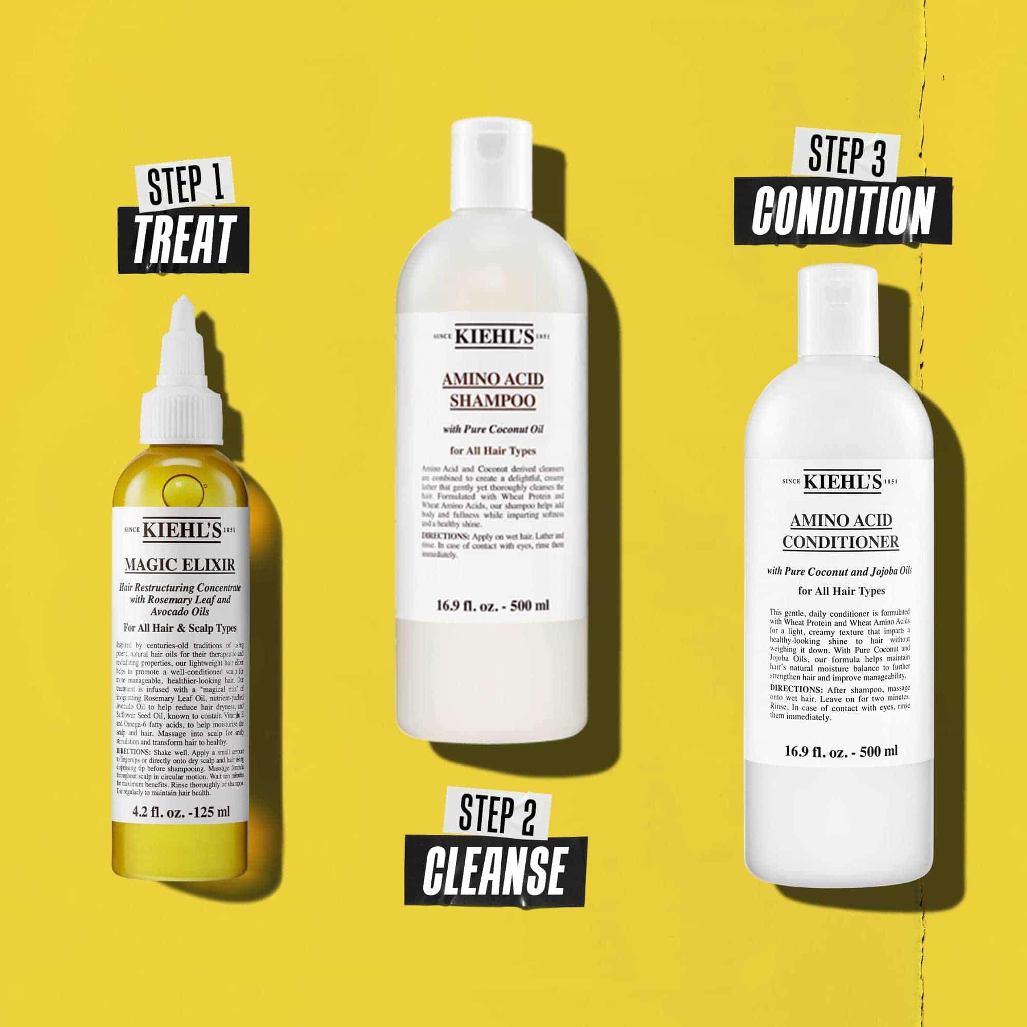 Una rutina capilar de tres pasos con productos de Kiehl's. Paso 1: Magic Elixir Hair Oil. Paso 2: Amino Acid Shampoo. Paso 3: Amino Acid Conditioner. El texto etiqueta cada paso como "Tratar", "Limpiar" y "Acondicionar", respectivamente.