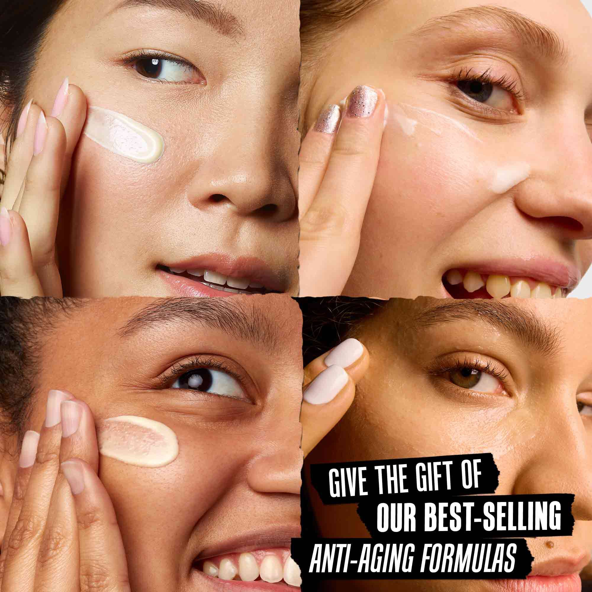 Fourmodelsapplying Kiehl's formulas to their faces- Give the Gift of Our Best-Selling Anti-Aging Formulas