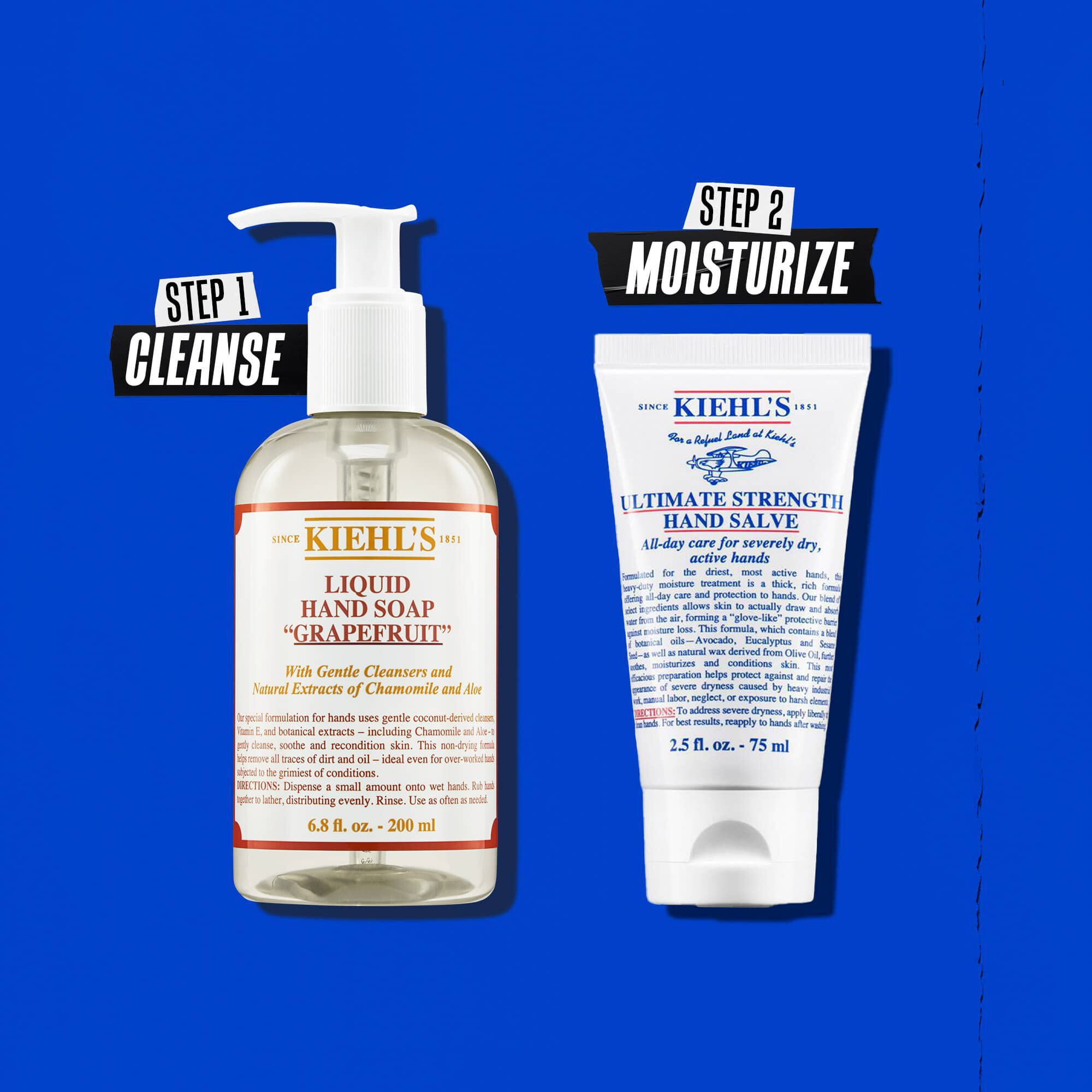 Ilustracion de la rutina de Kiehl's Ultimate Strength Hand Salve: limpiar, hidratar