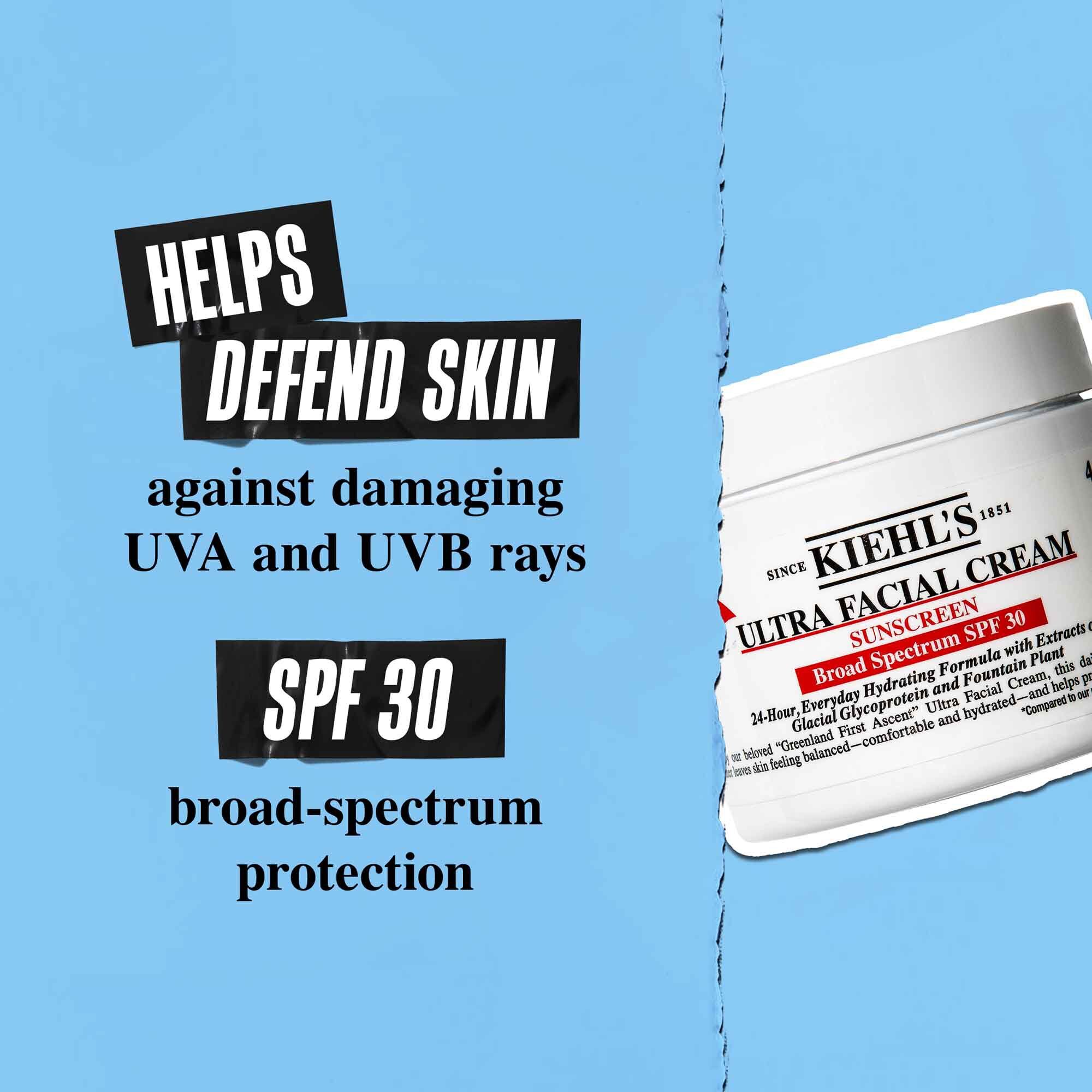 Un tarro de Ultra Facial Cream SPF 30 sobre fondo azul con el texto: "Ayuda a defender la piel contra los daninos rayos UVA y UVB. Proteccion de amplio espectro SPF 30."