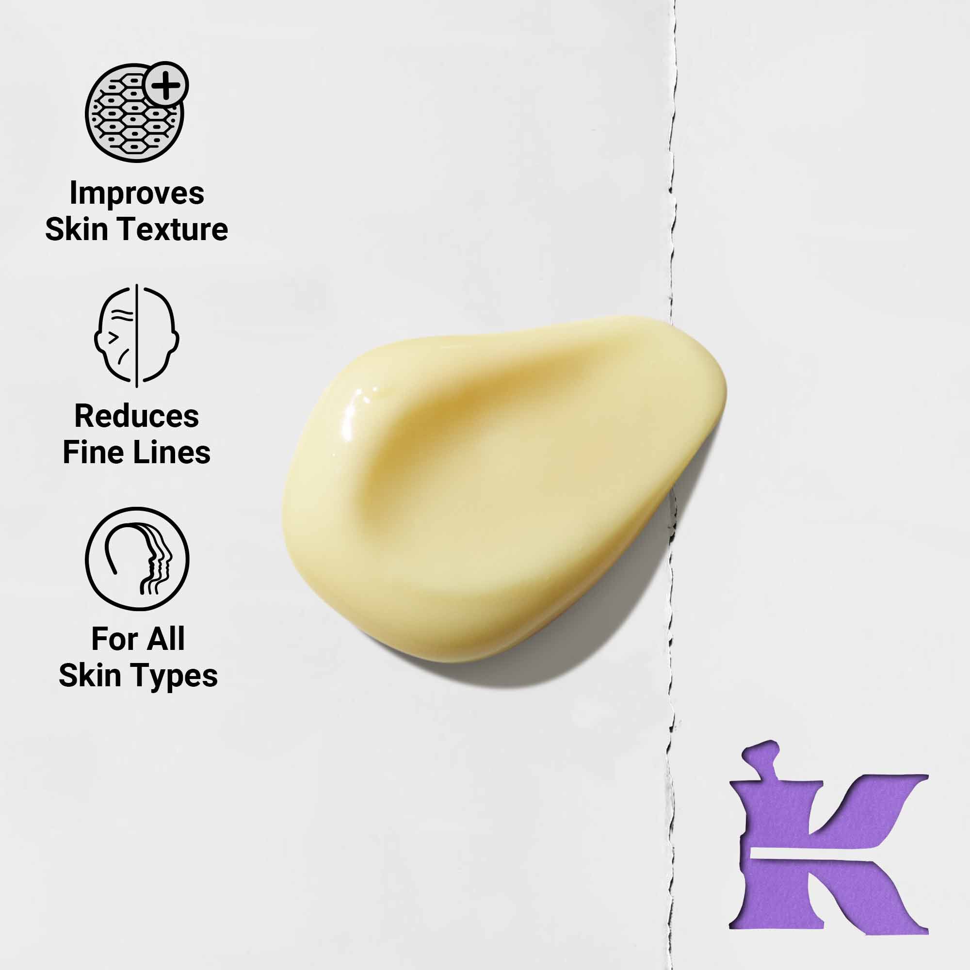 Foto de la textura con iconos que indican que reduce las lineas de expresion y esta formulado para todo tipo de pieles