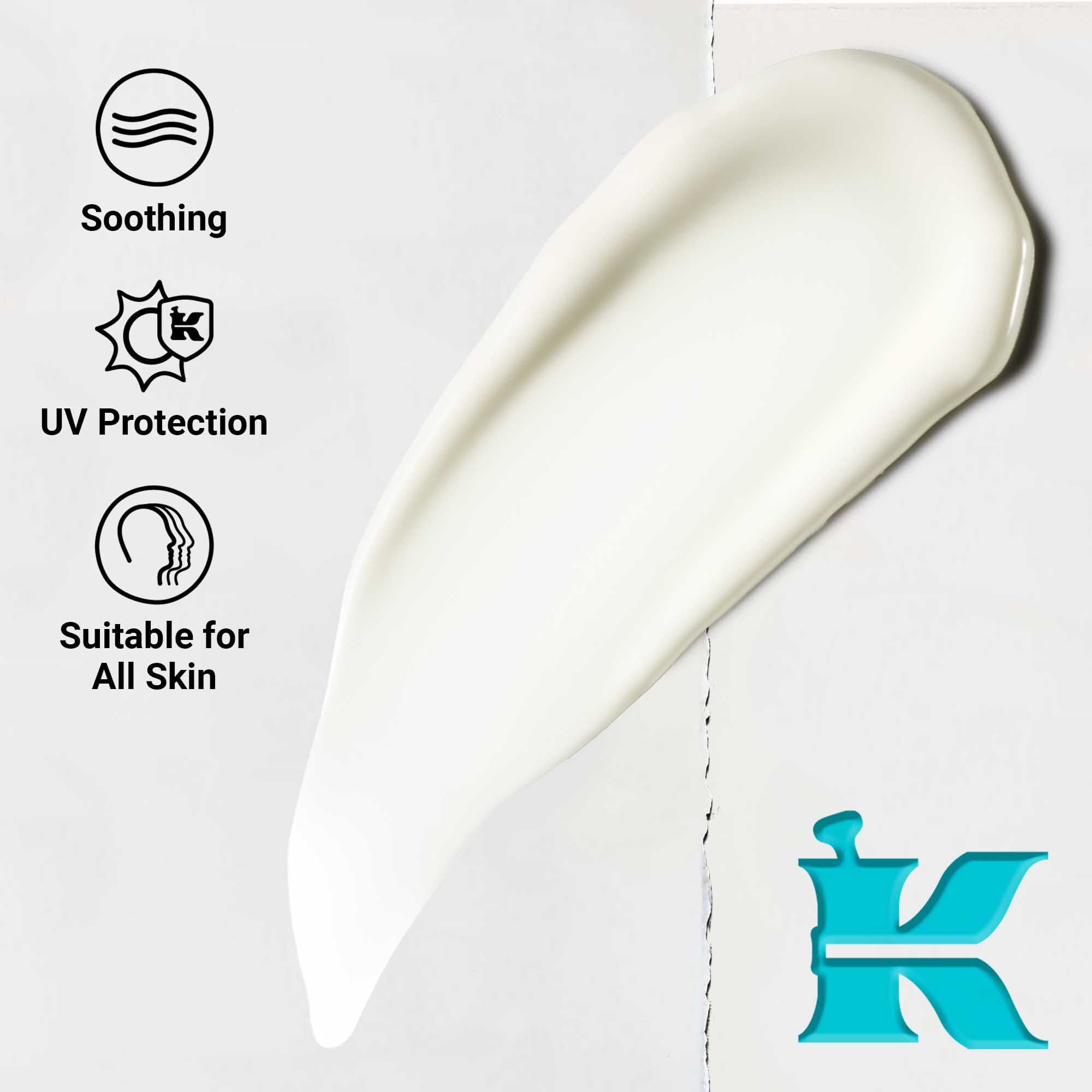 Primer plano de la textura de Ultra Light Daily UV Defense Aqua Gel que muestra una formula ligera y cremosa. El texto destaca los beneficios calmantes y de proteccion UV, apto para todo tipo de pieles.