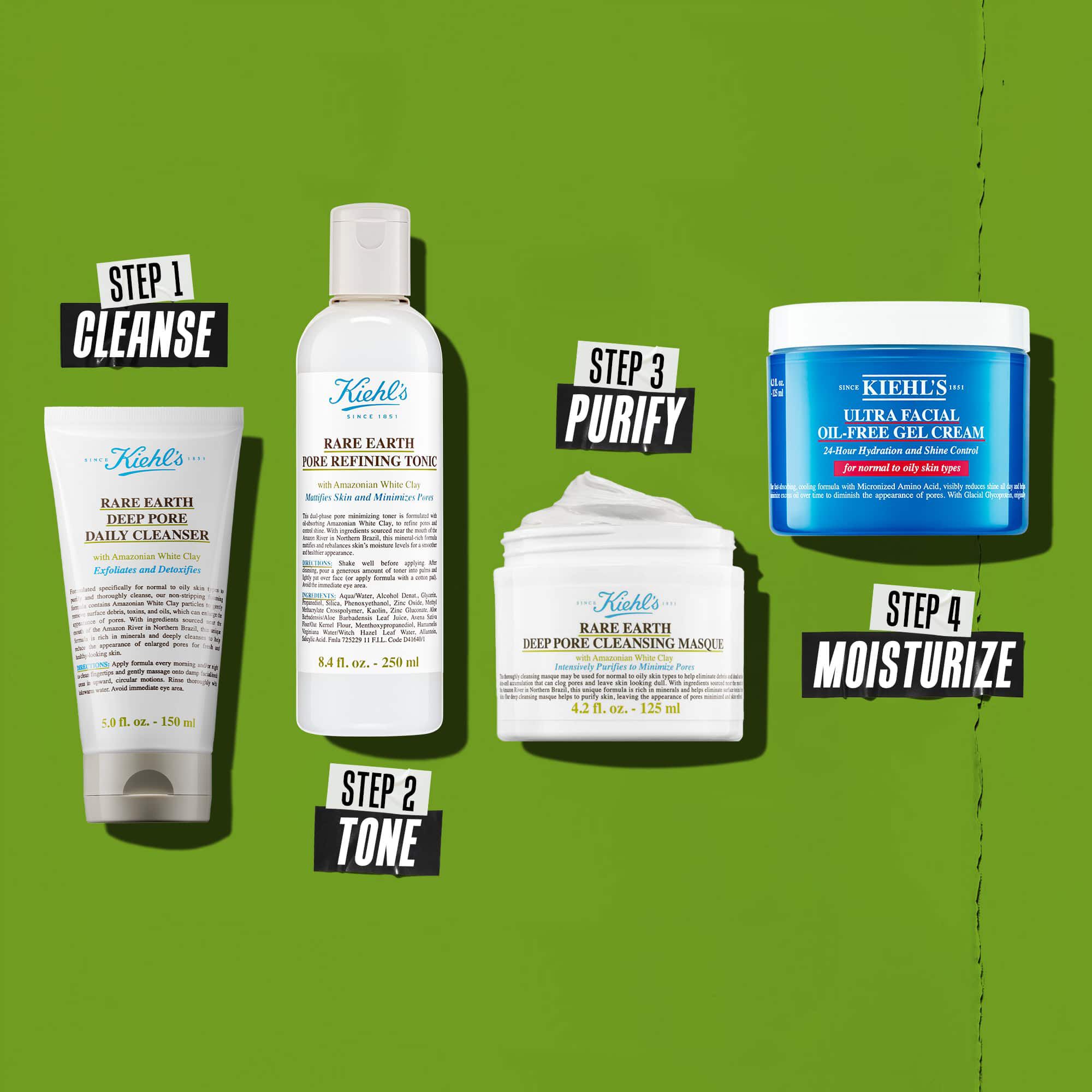 Cuatro productos de Kiehl's que representan una rutina de cuidado de la piel. De izquierda a derecha: Rare Earth Deep Pore Cleanser, Rare Earth Pore Minimizing Lotion, Rare Earth Pore Cleansing Masque y Ultra Facial Oil-Free Gel Cream.