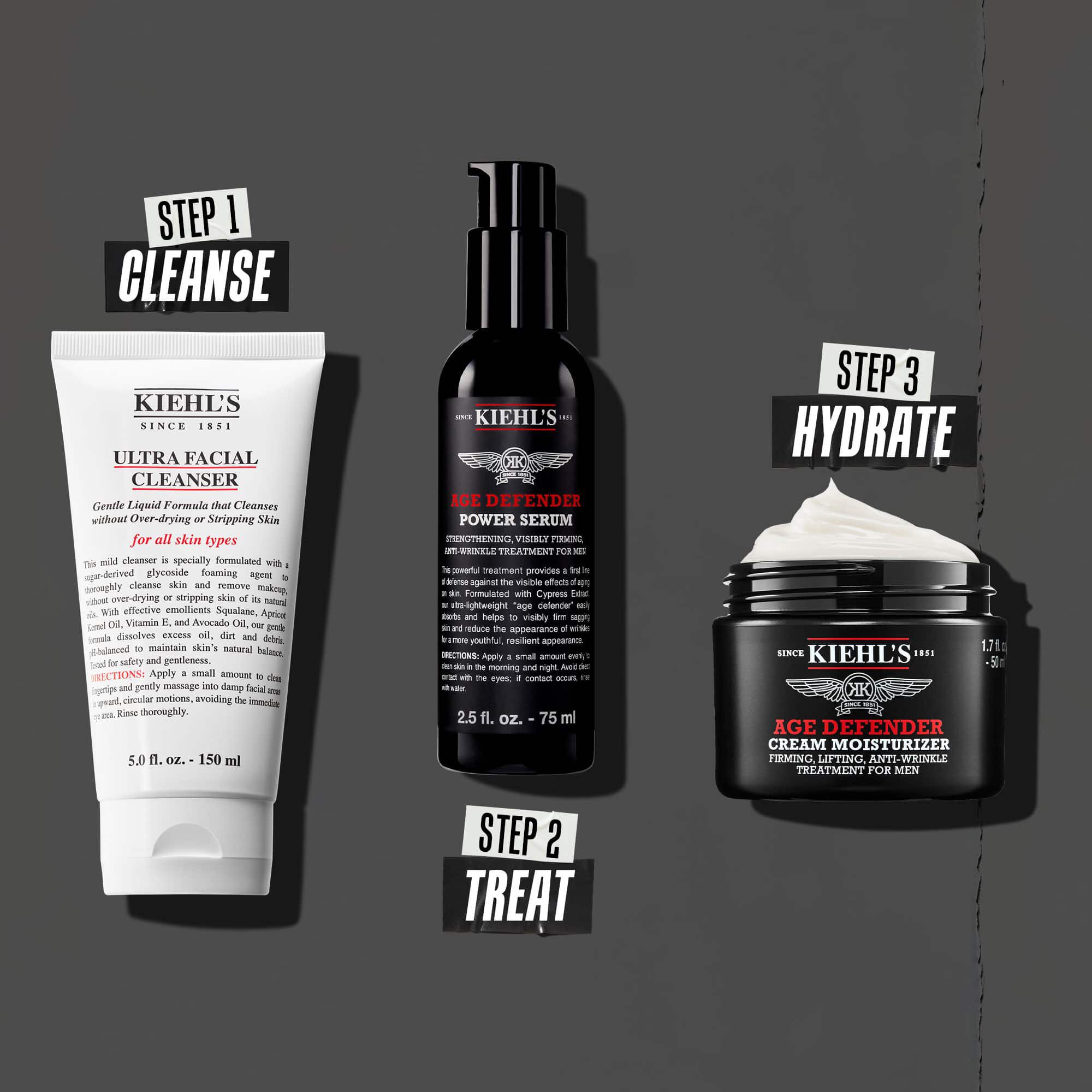 Rutina Age Defender en tres pasos: Paso 1: tratar el contorno de ojos. Paso 2: serum hidratante. Paso 3: crema restauradora.