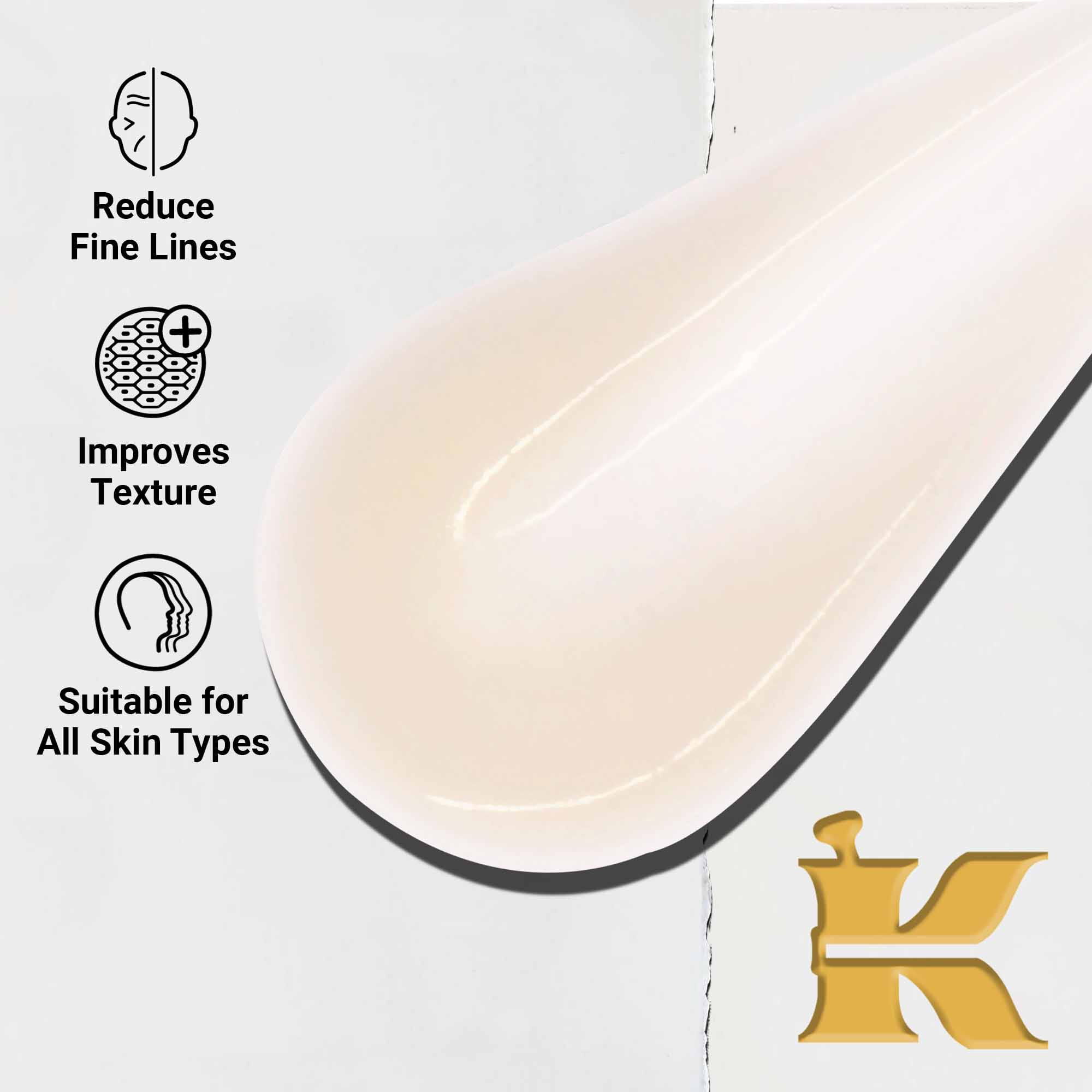 Primer plano de la textura de Powerful-Strength Line-Reducing Concentrate. El texto destaca su capacidad para reducir las lineas de expresion, mejorar la textura y su idoneidad para todo tipo de pieles.