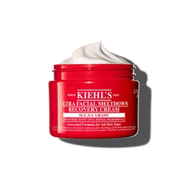 Tarro rojo de Kiehl’s Ultra Facial Meltdown Recovery Cream Whip con textura de crema batida.