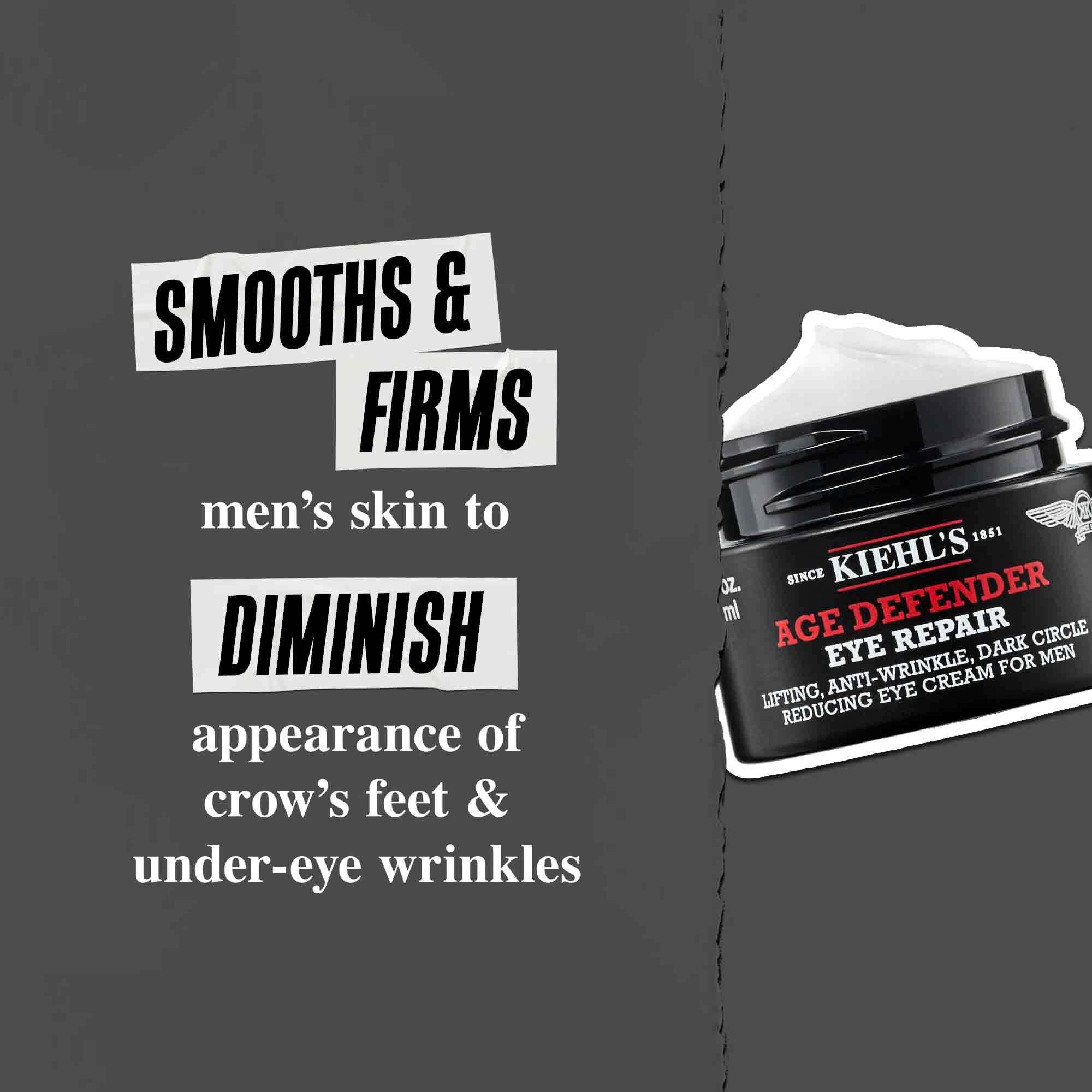 Age Defender Eye Repair: Suaviza y reafirma la piel del hombre para atenuar la apariencia de las patas de gallo y las arrugas bajo los ojos.