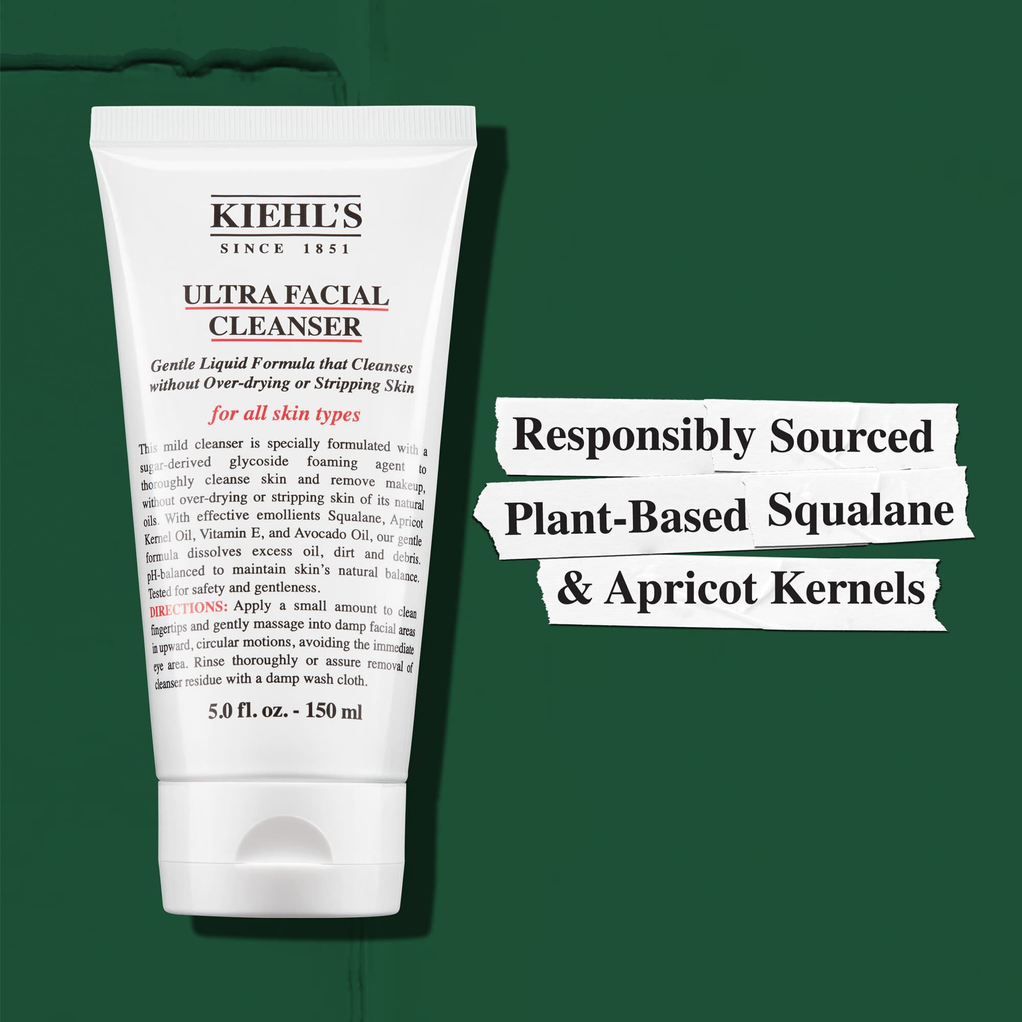 Kiehl's Ultra Facial Cleanser utiliza escualano vegetal y huesos de albaricoque de origen responsable