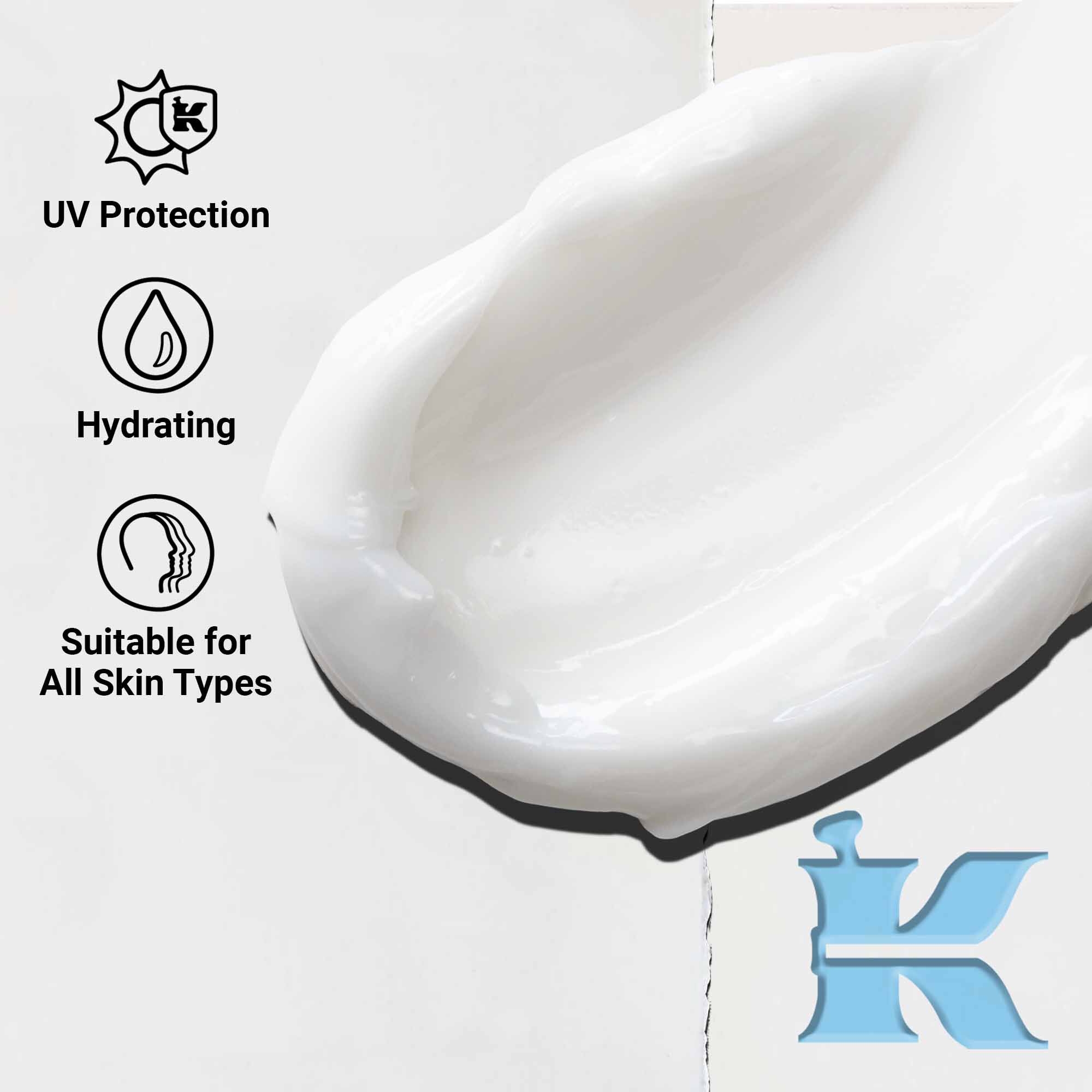 Primer plano de la textura de Ultra Facial Cream SPF 30 que muestra una formula ligera y cremosa. El texto destaca la proteccion UV y los beneficios de hidratacion.