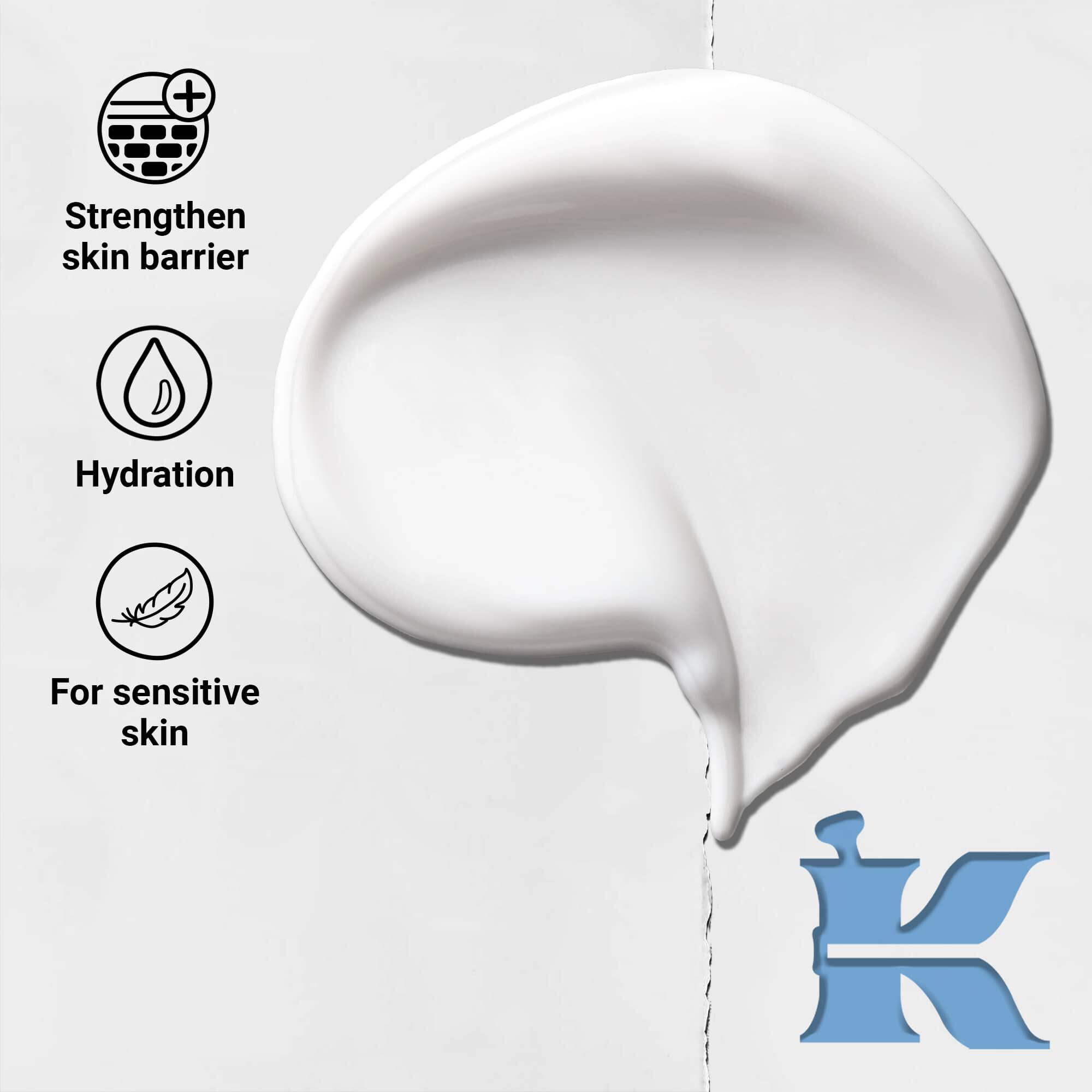 Foto de la textura e iconos de Ultra Facial Moisturizer: refuerza la barrera cutanea, hidratacion, piel sensible