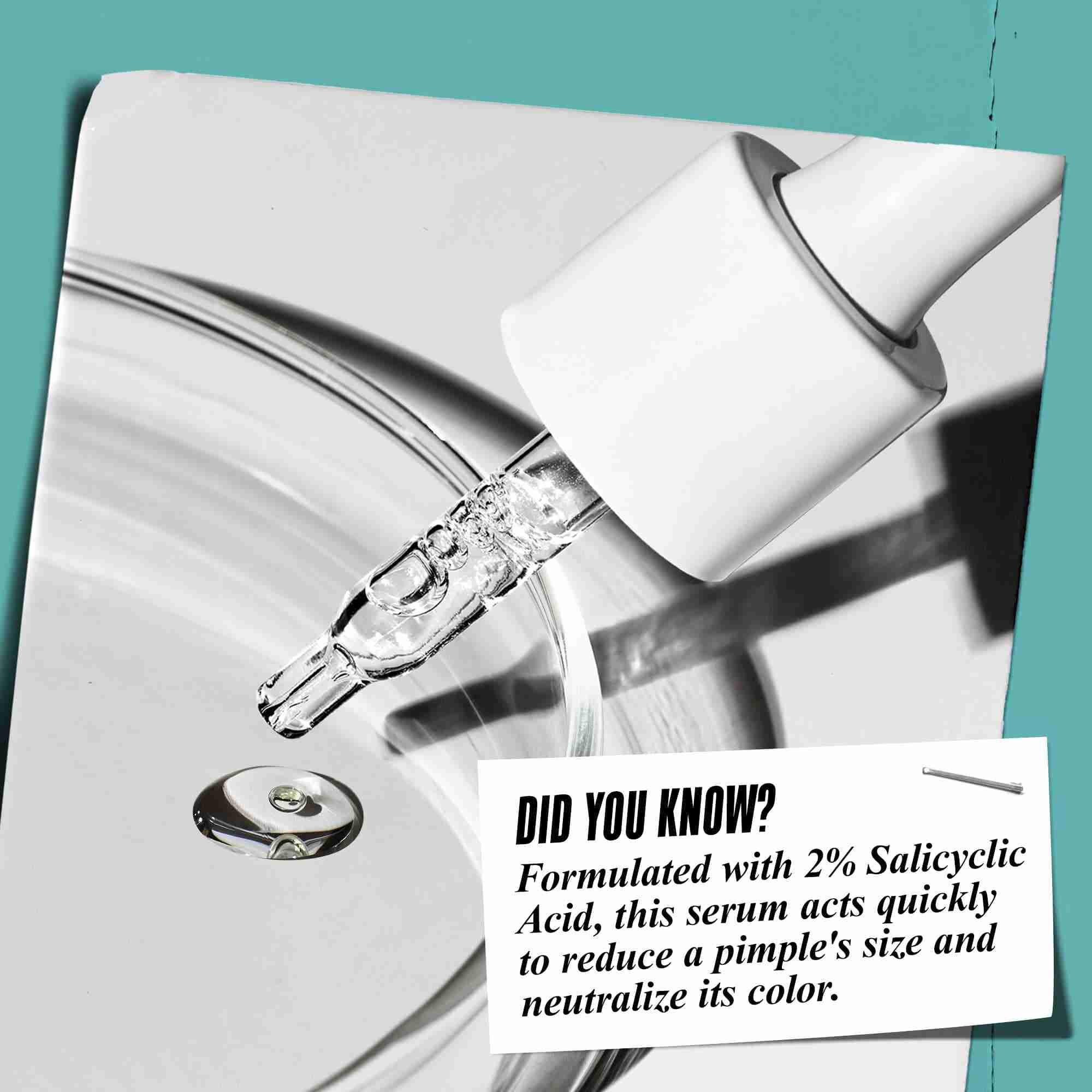 Un gotero dispensando Truly-Targeted Blemish-Clearing Solution en un plato de vidrio con el texto: "¿Sabias que? Formulado con un 2% de acido salicilico para reducir el tamano de los granos y neutralizar su color."